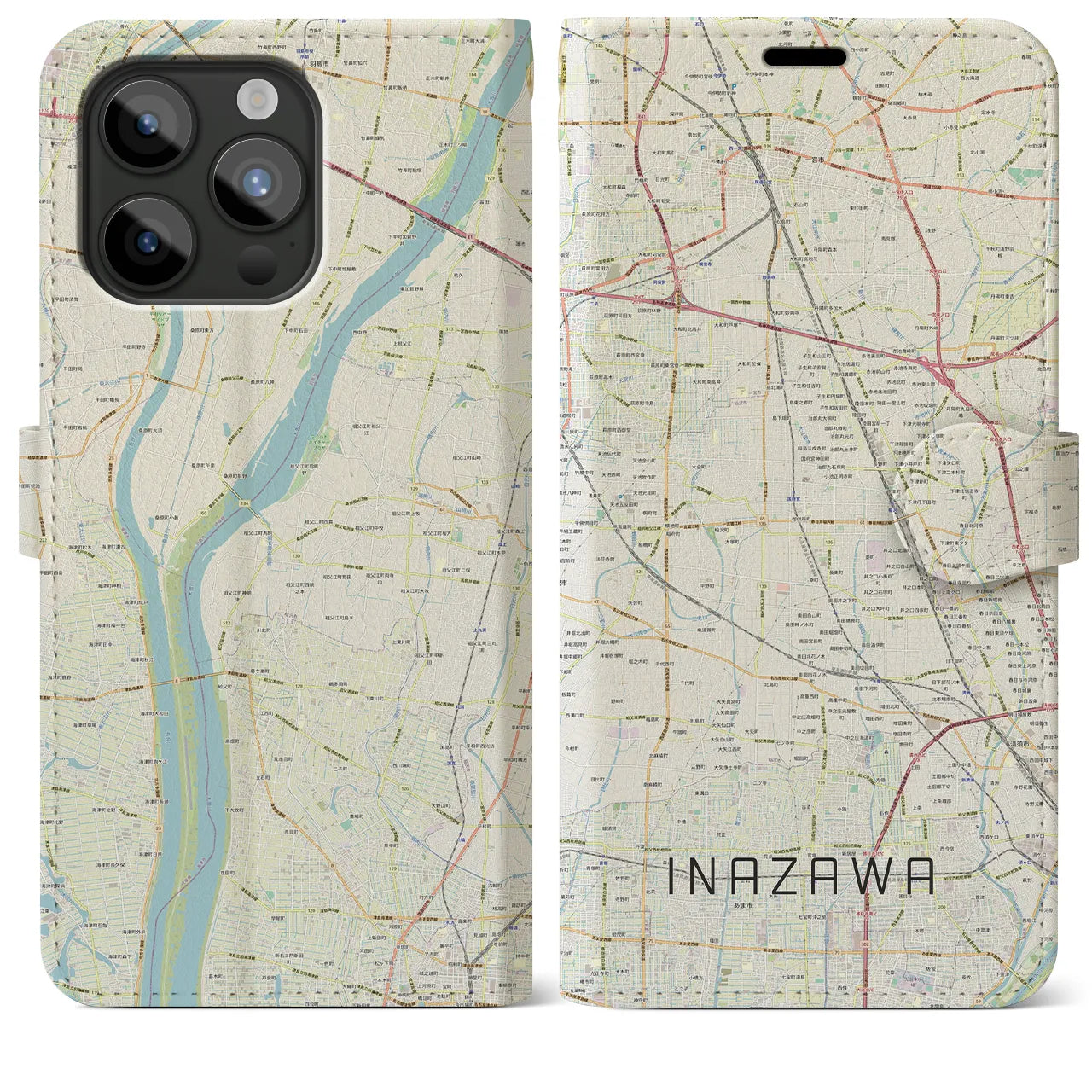 【稲沢】地図柄iPhoneケース（手帳両面タイプ・ナチュラル）iPhone 15 Pro Max 用