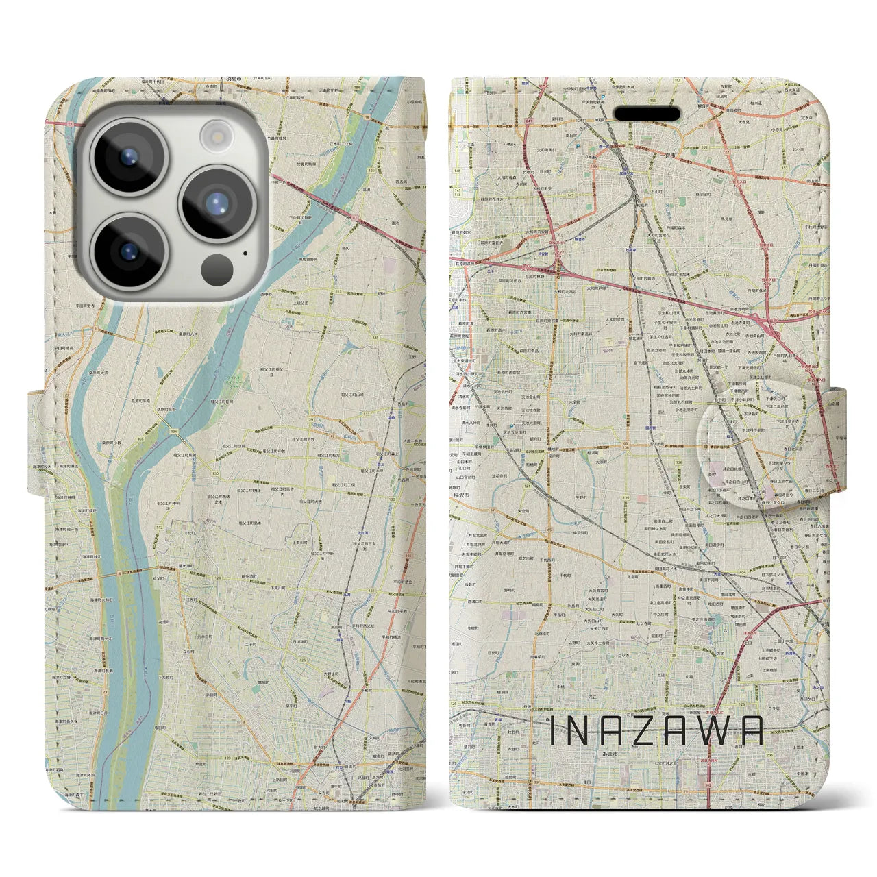 【稲沢】地図柄iPhoneケース（手帳両面タイプ・ナチュラル）iPhone 15 Pro 用