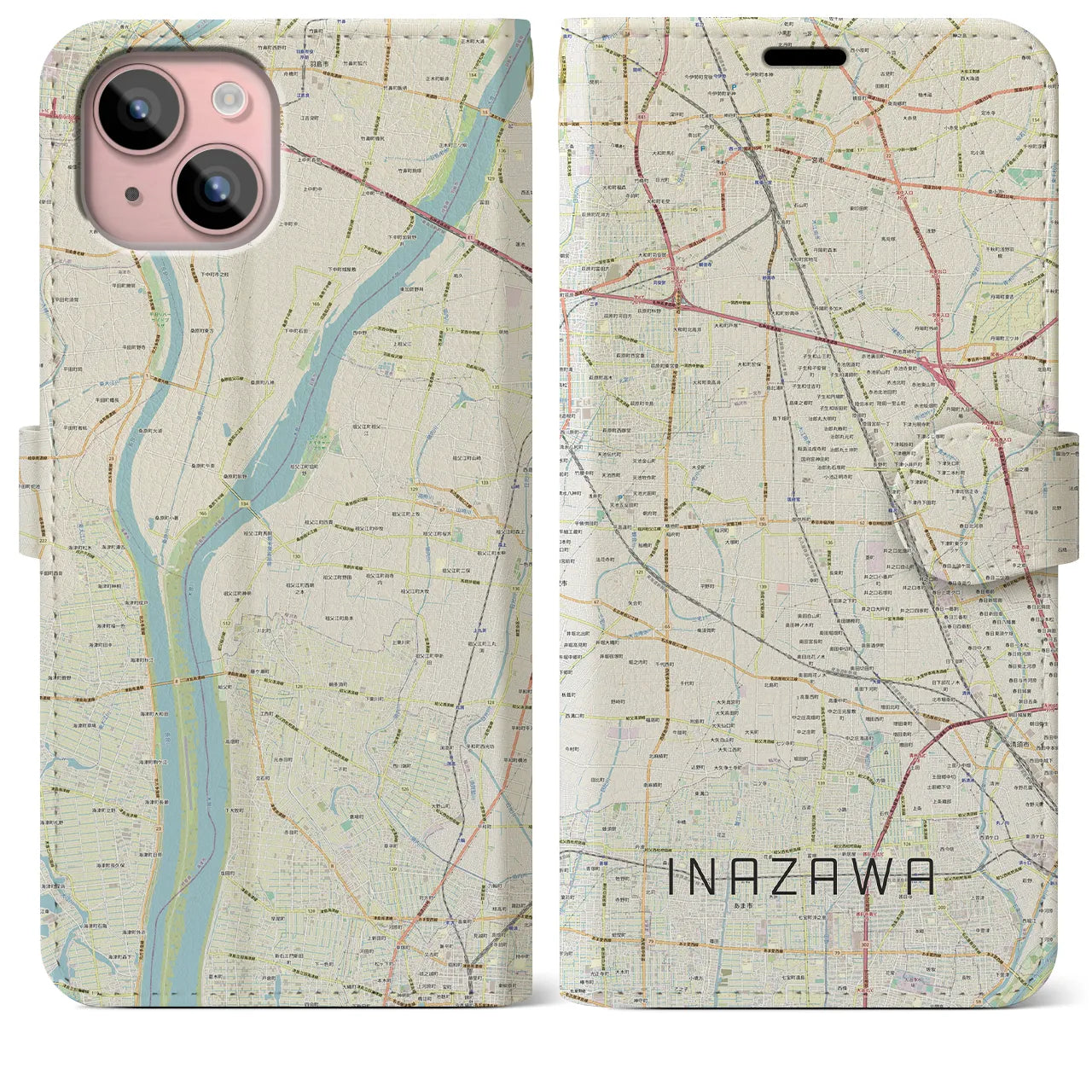 【稲沢】地図柄iPhoneケース（手帳両面タイプ・ナチュラル）iPhone 15 Plus 用