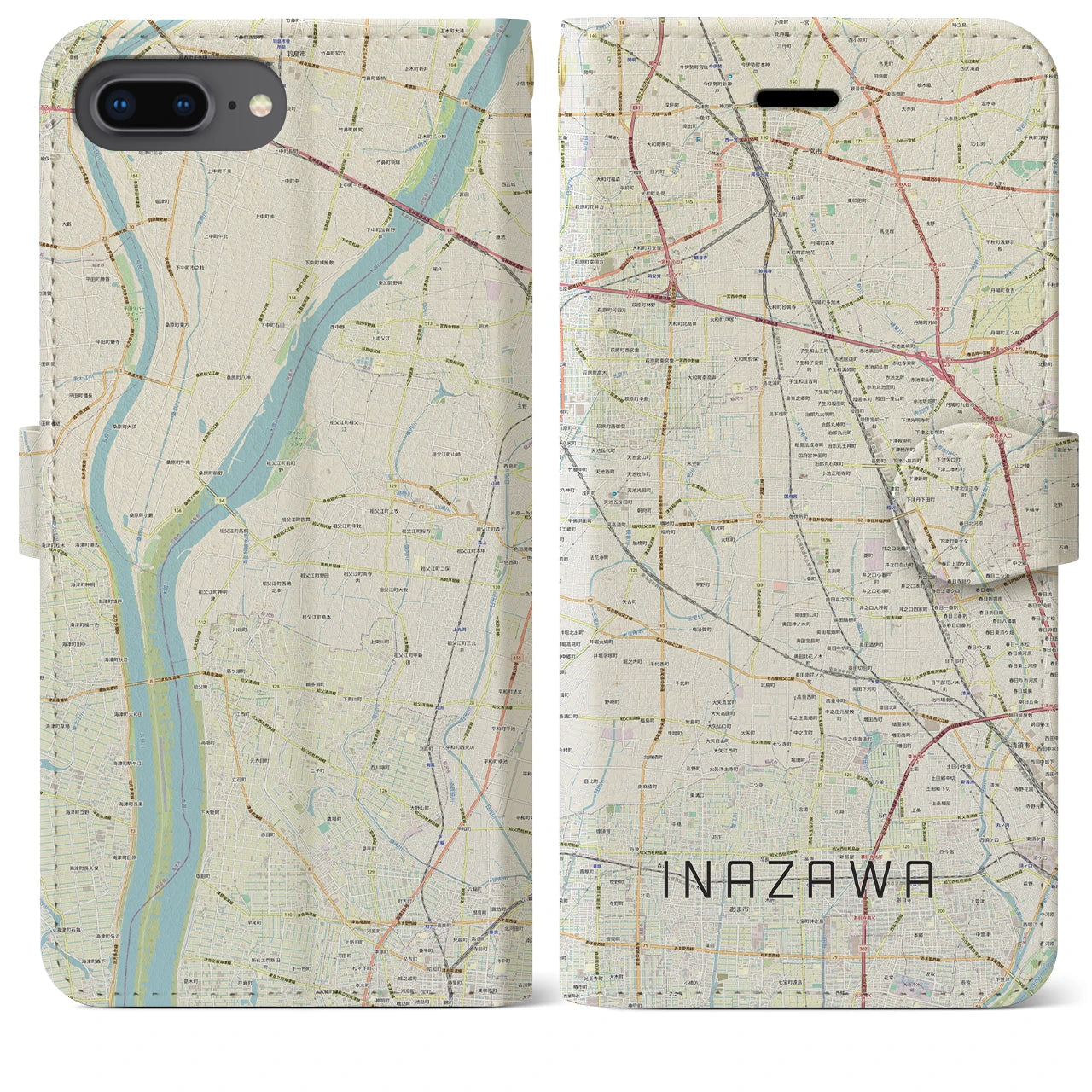 【稲沢】地図柄iPhoneケース（手帳両面タイプ・ナチュラル）iPhone 8Plus /7Plus / 6sPlus / 6Plus 用