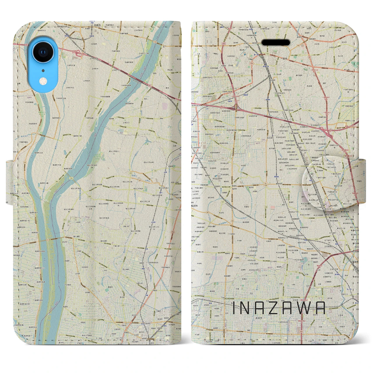 【稲沢】地図柄iPhoneケース（手帳両面タイプ・ナチュラル）iPhone XR 用
