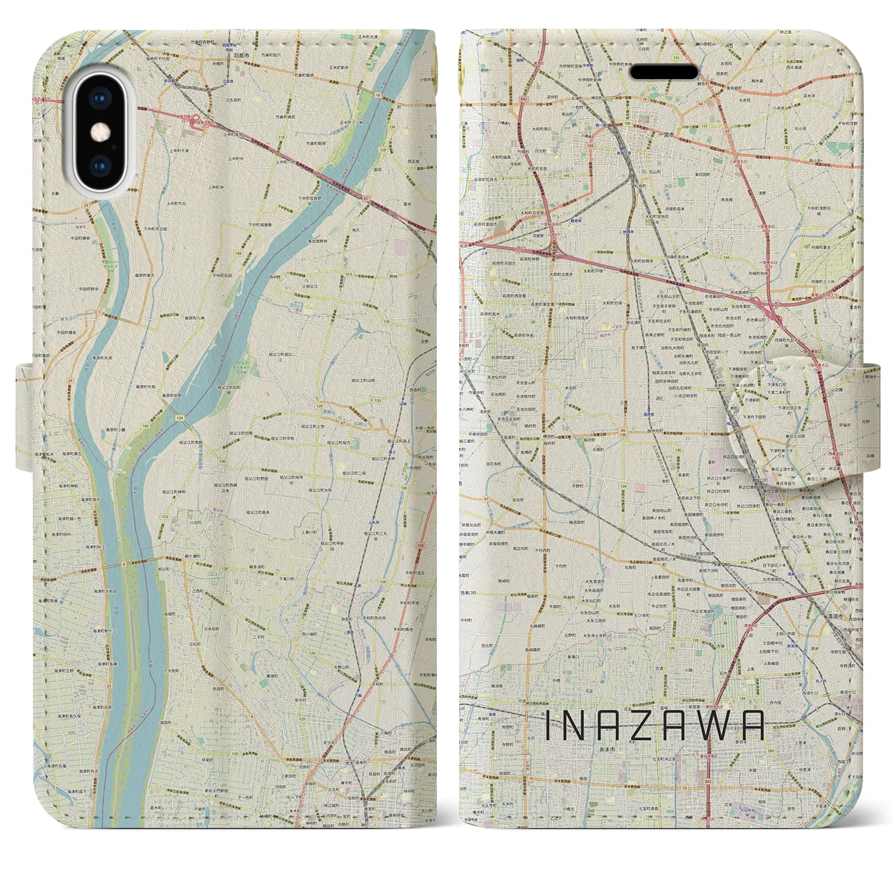 【稲沢】地図柄iPhoneケース（手帳両面タイプ・ナチュラル）iPhone XS Max 用