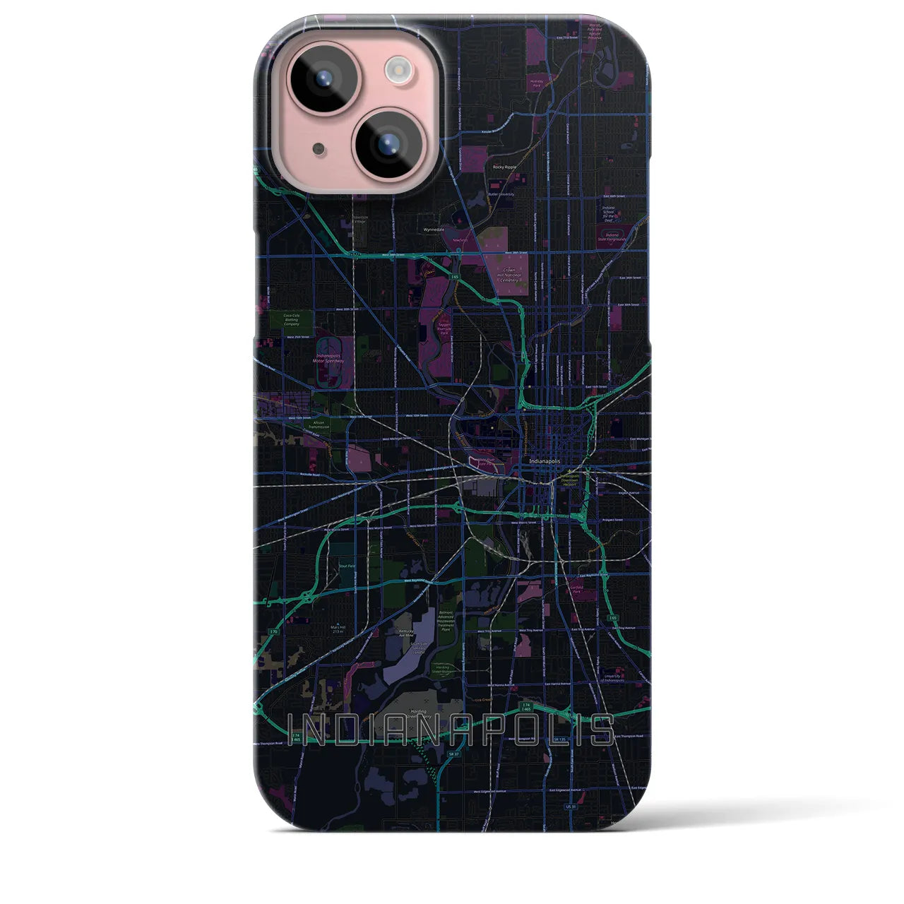 【インディアナポリス】地図柄iPhoneケース（バックカバータイプ・ブラック）iPhone 15 Plus 用