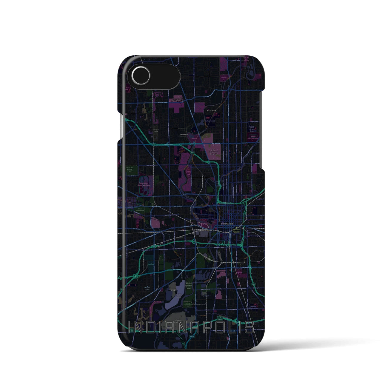 【インディアナポリス】地図柄iPhoneケース（バックカバータイプ・ブラック）iPhone SE（第3 / 第2世代） / 8 / 7 / 6s / 6 用