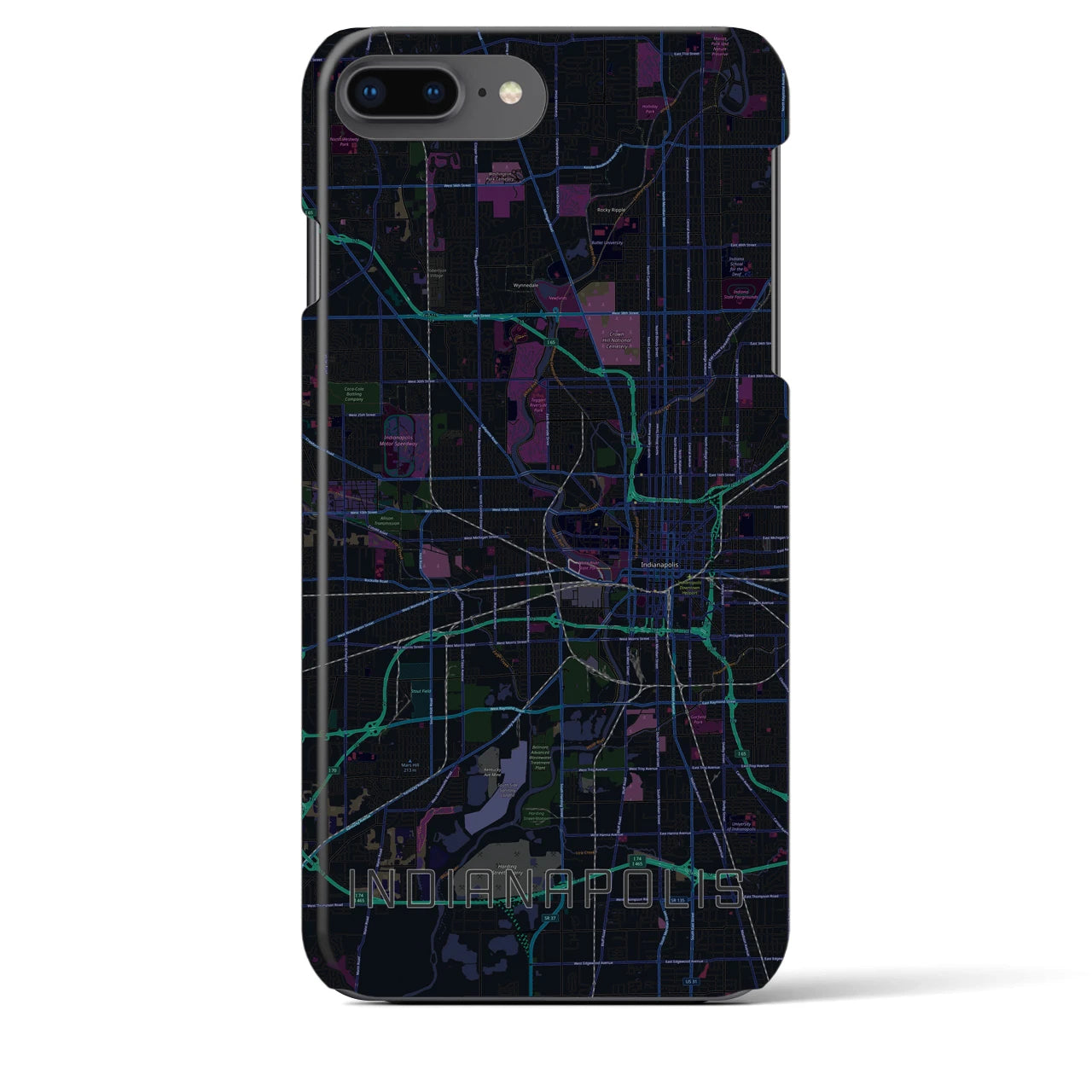【インディアナポリス】地図柄iPhoneケース（バックカバータイプ・ブラック）iPhone 8Plus /7Plus / 6sPlus / 6Plus 用
