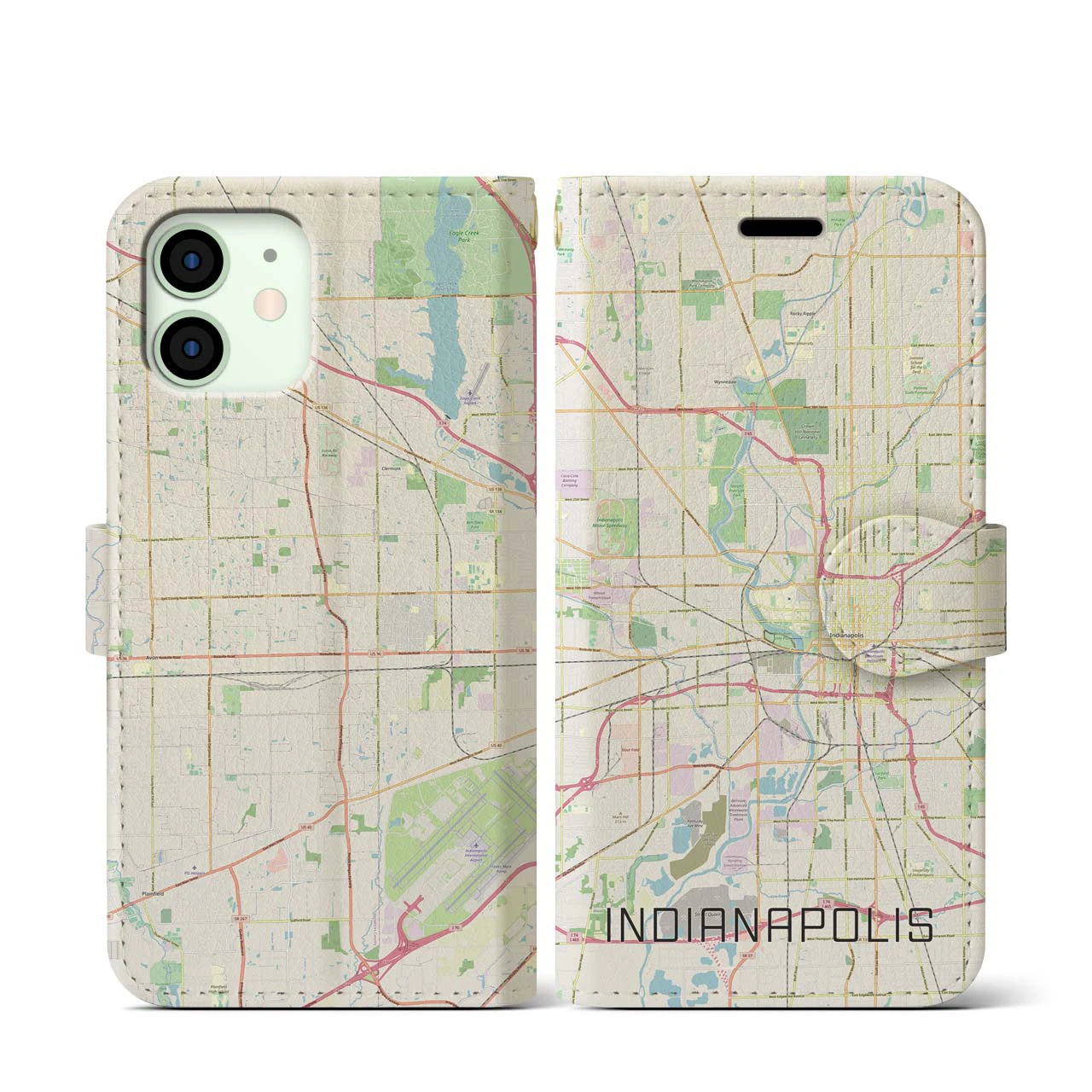 【インディアナポリス】地図柄iPhoneケース（手帳両面タイプ・ナチュラル）iPhone 12 mini 用