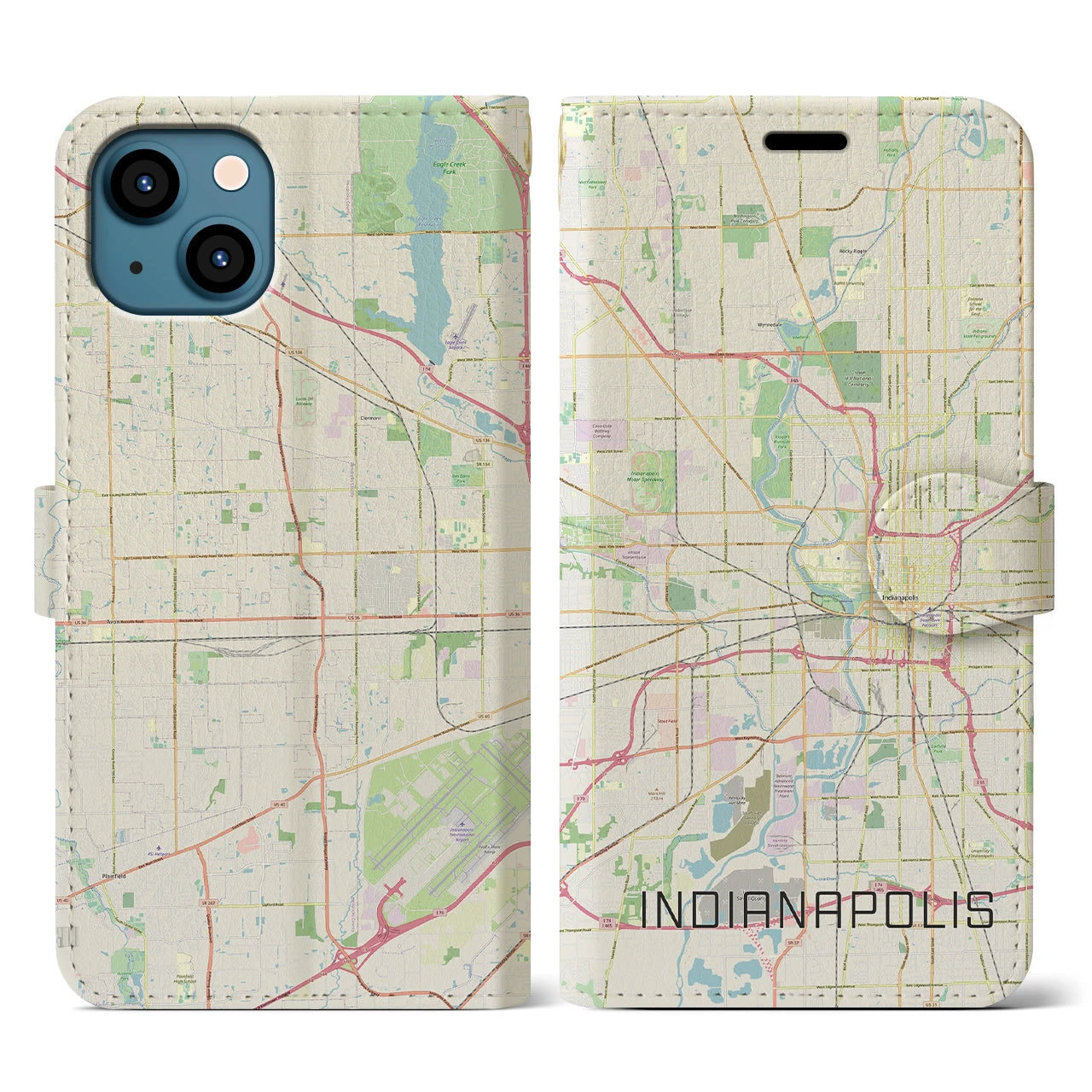 【インディアナポリス】地図柄iPhoneケース（手帳両面タイプ・ナチュラル）iPhone 13 用