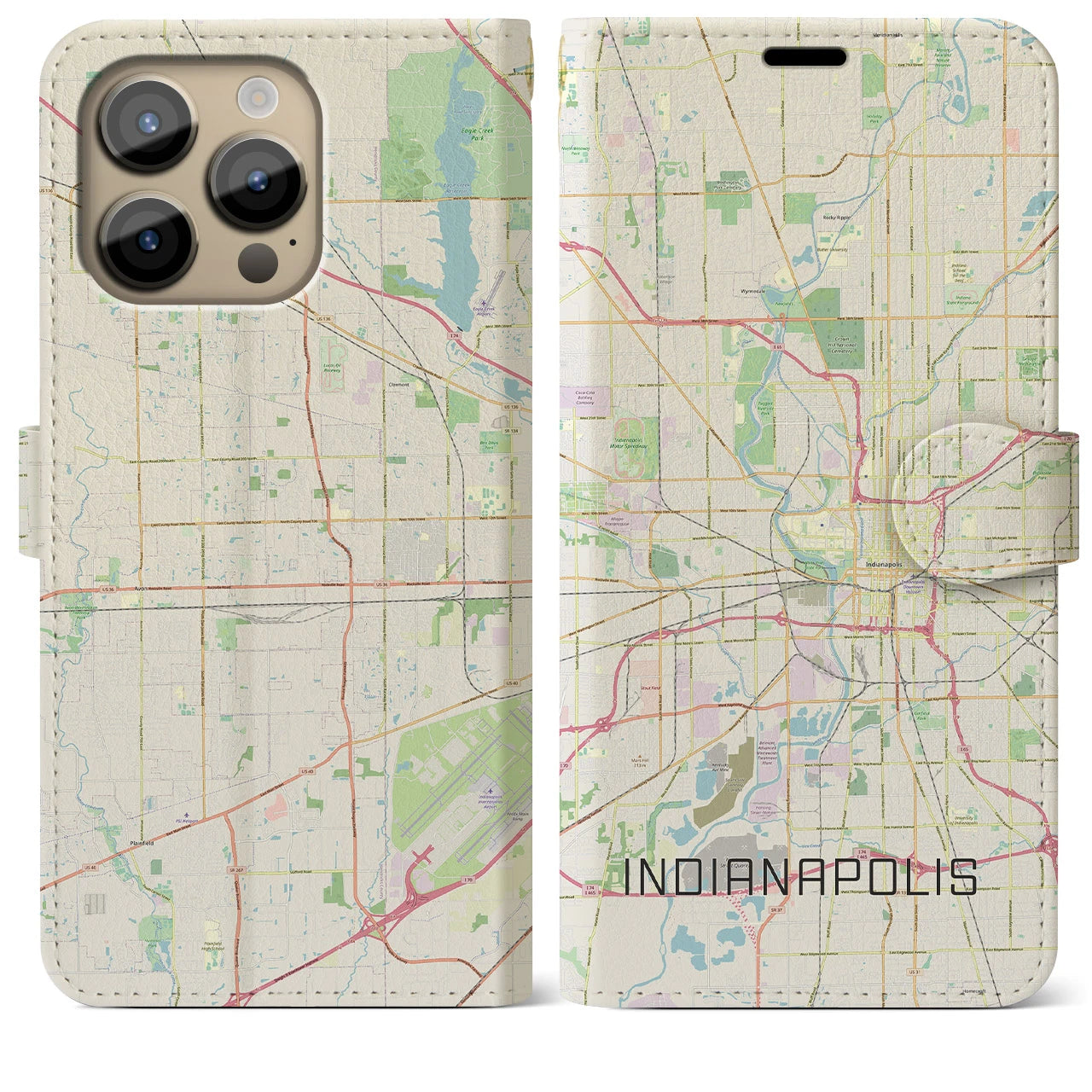 【インディアナポリス】地図柄iPhoneケース（手帳両面タイプ・ナチュラル）iPhone 14 Pro Max 用