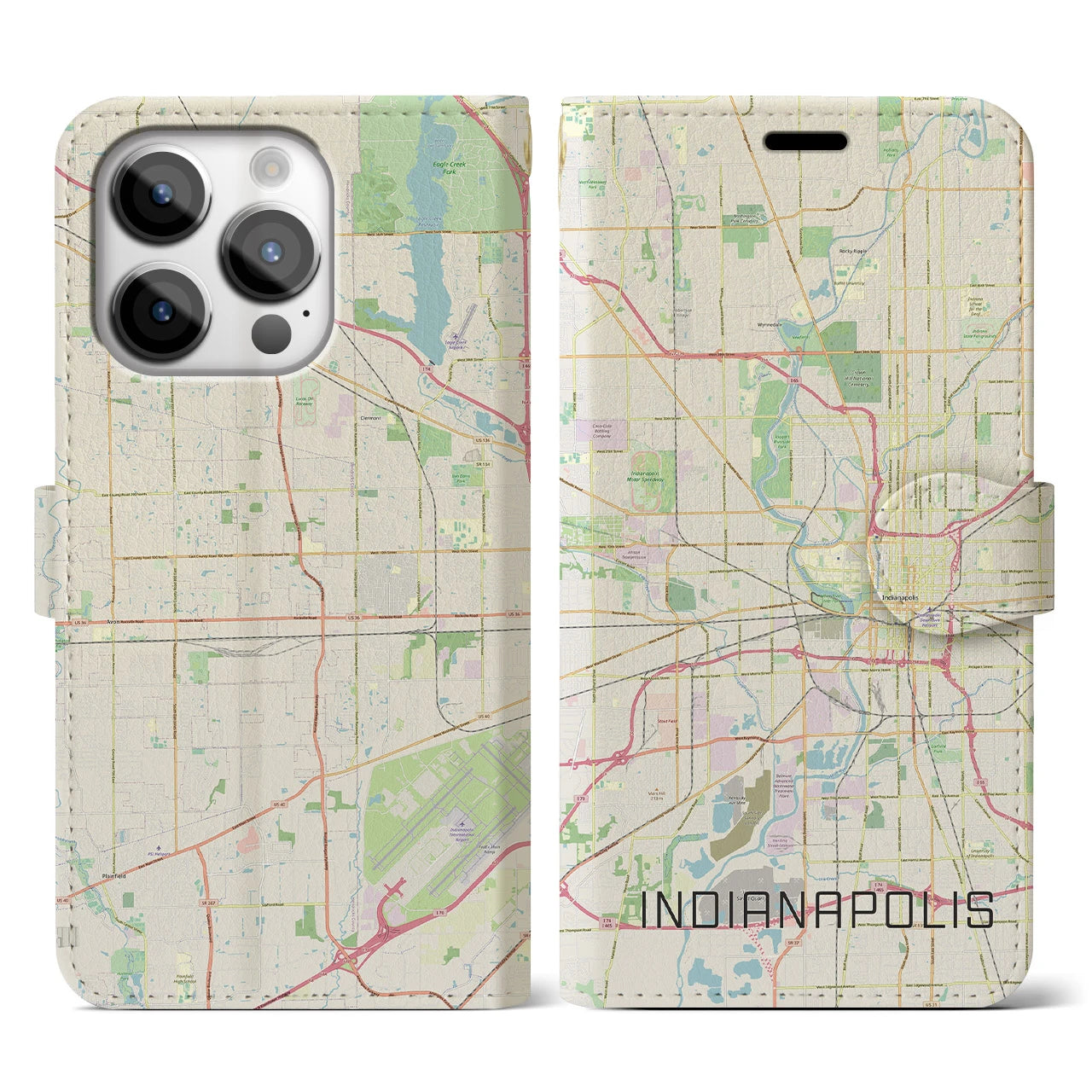【インディアナポリス】地図柄iPhoneケース（手帳両面タイプ・ナチュラル）iPhone 14 Pro 用
