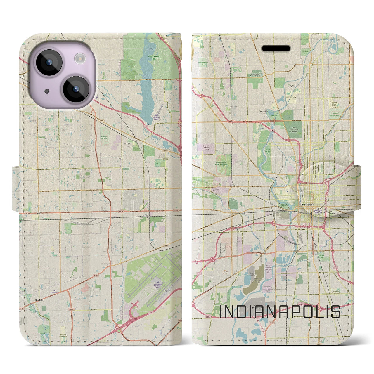 【インディアナポリス】地図柄iPhoneケース（手帳両面タイプ・ナチュラル）iPhone 14 用