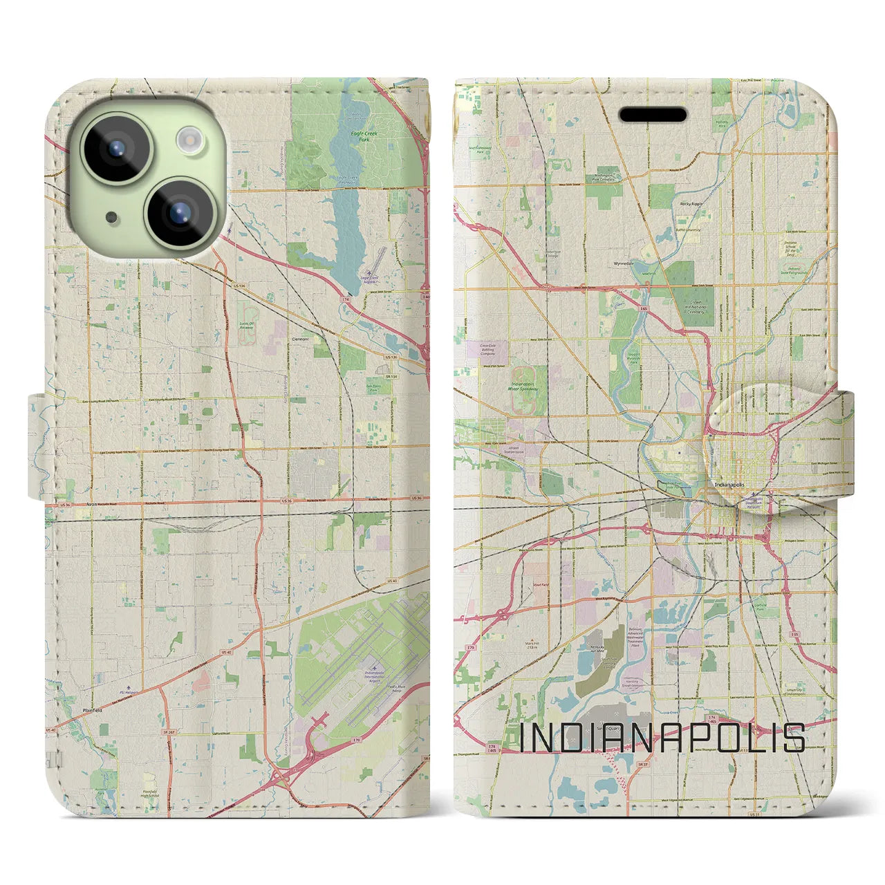【インディアナポリス】地図柄iPhoneケース（手帳両面タイプ・ナチュラル）iPhone 15 用