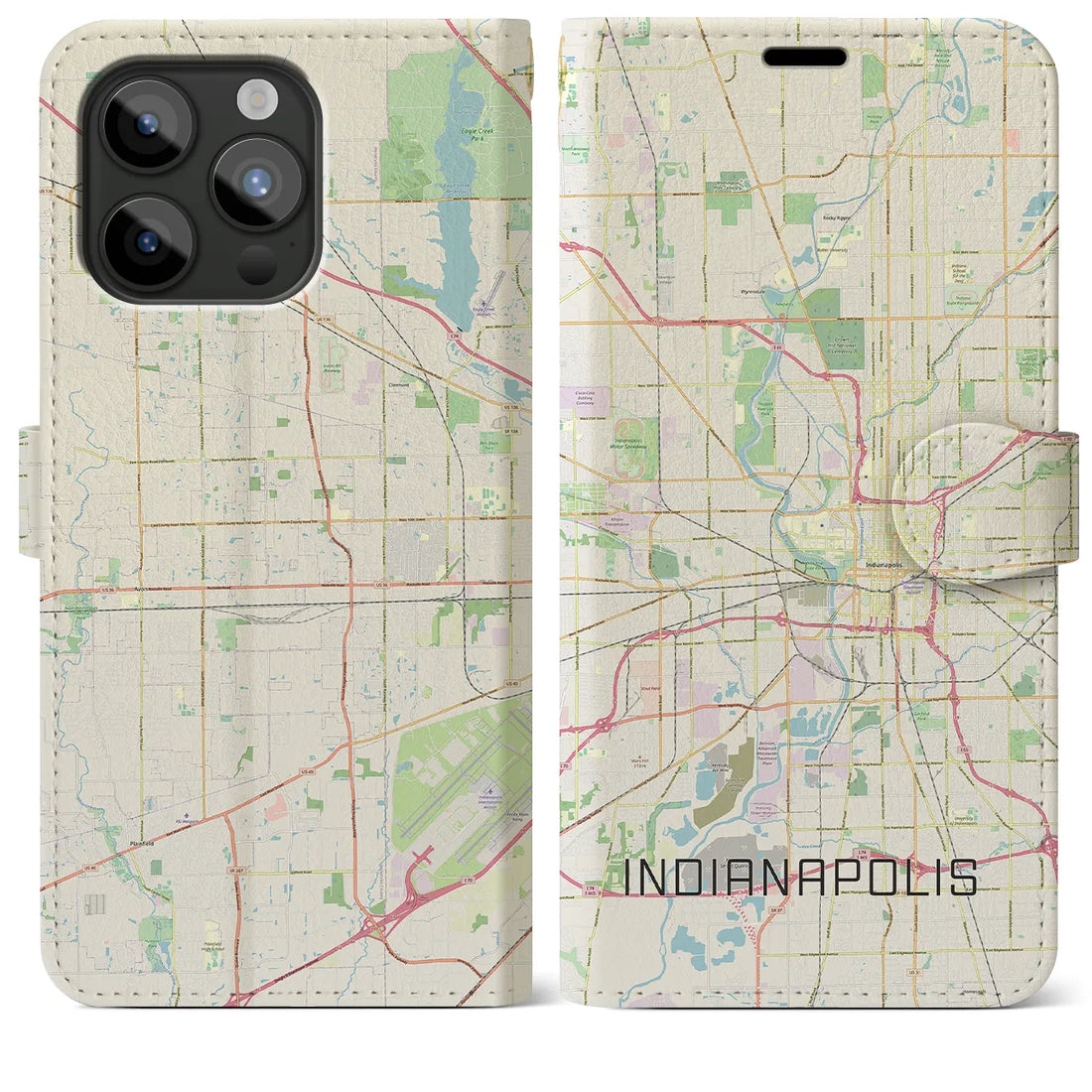 【インディアナポリス】地図柄iPhoneケース（手帳両面タイプ・ナチュラル）iPhone 15 Pro Max 用