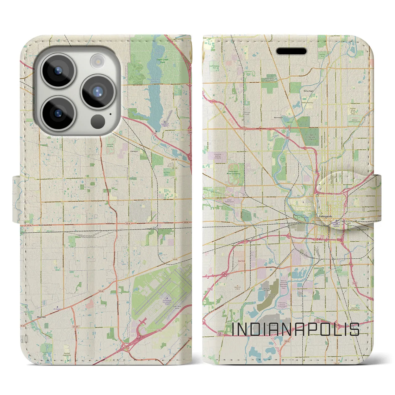 【インディアナポリス】地図柄iPhoneケース（手帳両面タイプ・ナチュラル）iPhone 15 Pro 用