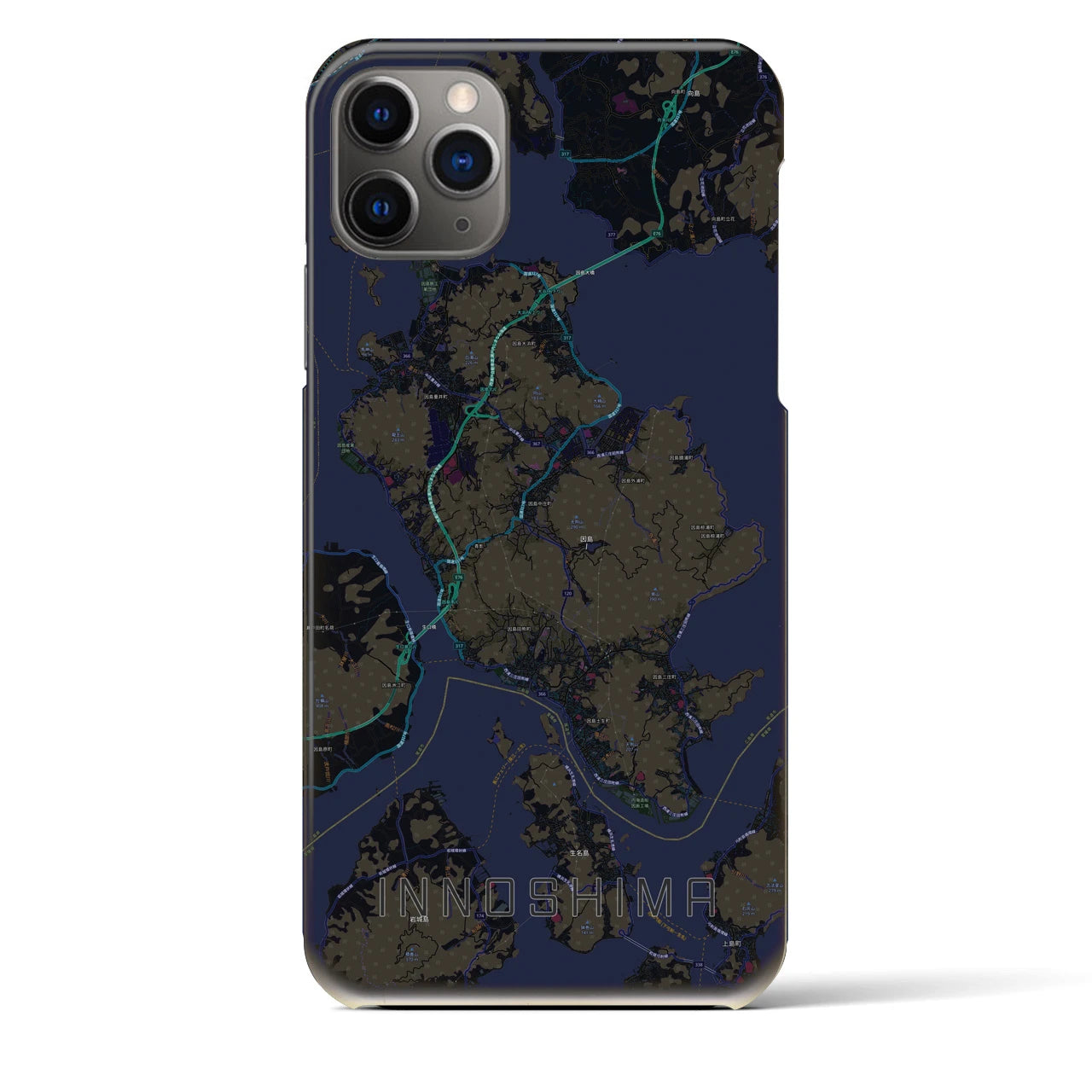【因島】地図柄iPhoneケース（バックカバータイプ・ブラック）iPhone 11 Pro Max 用