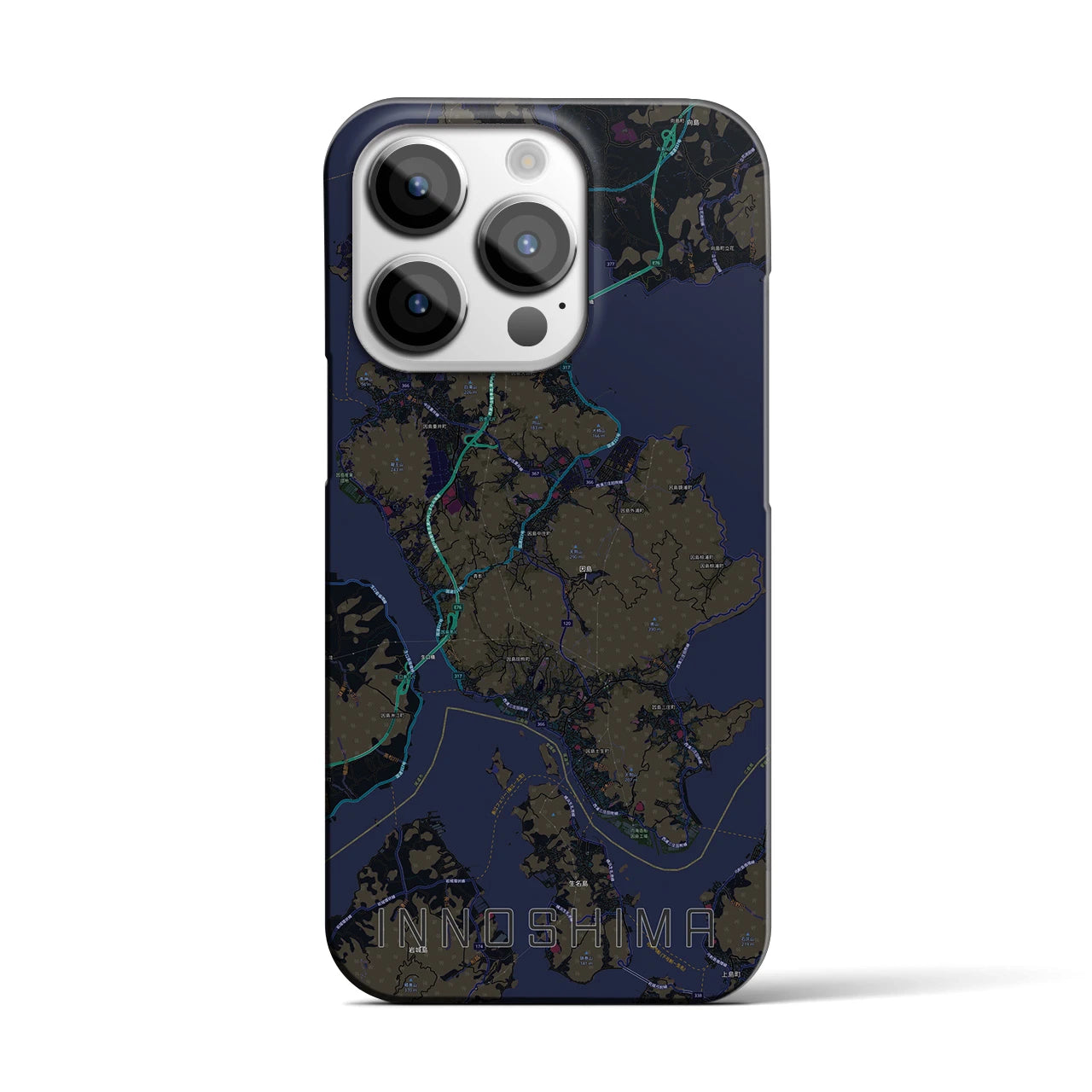 【因島】地図柄iPhoneケース（バックカバータイプ・ブラック）iPhone 14 Pro 用