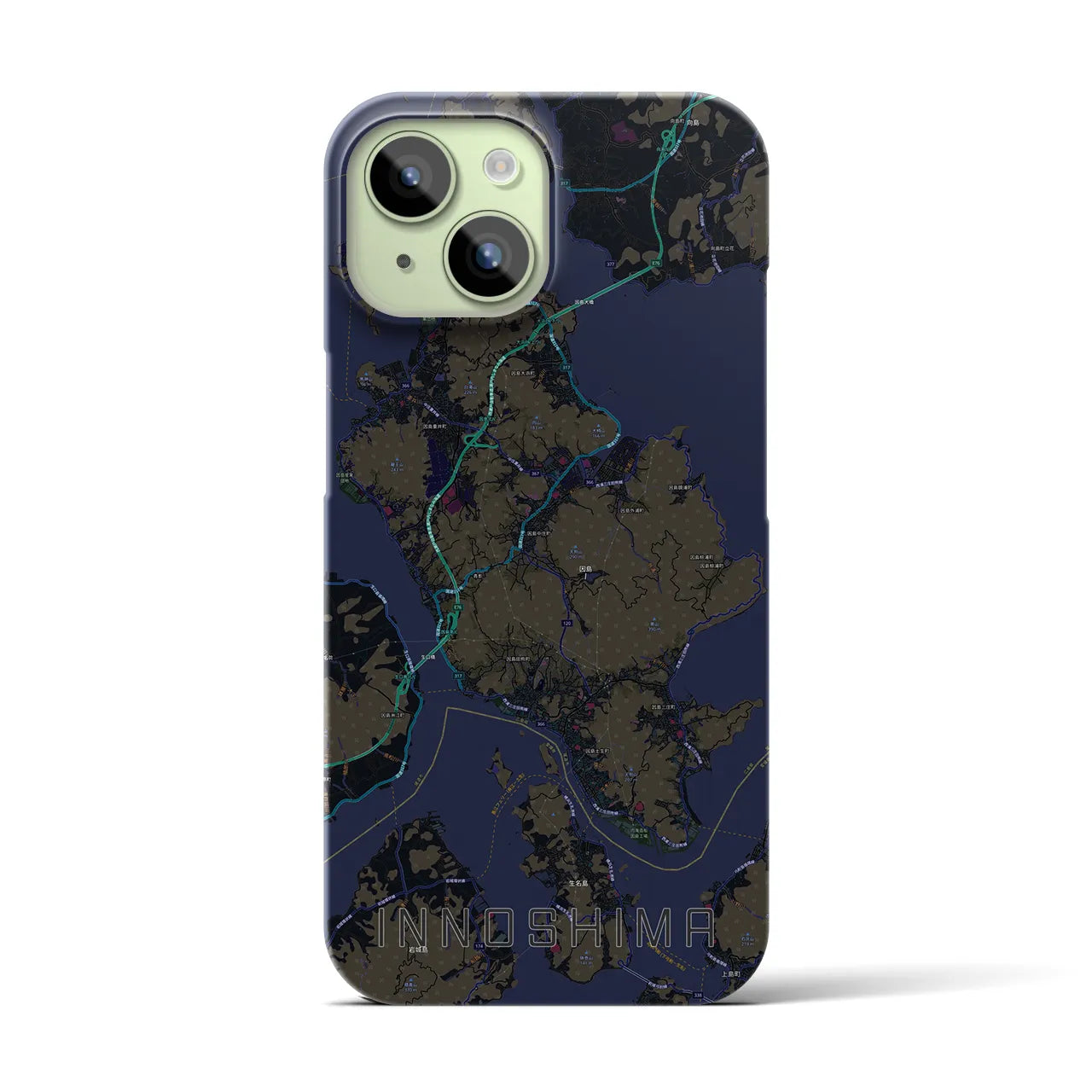 【因島】地図柄iPhoneケース（バックカバータイプ・ブラック）iPhone 15 用
