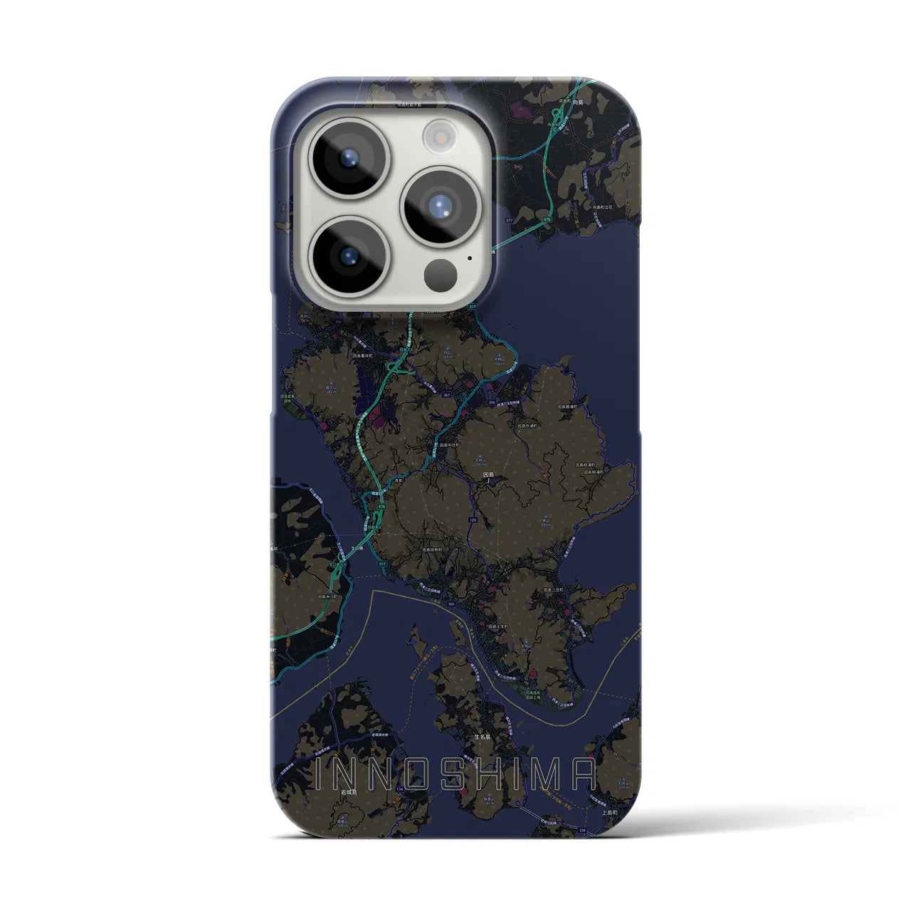 【因島】地図柄iPhoneケース（バックカバータイプ・ブラック）iPhone 15 Pro 用