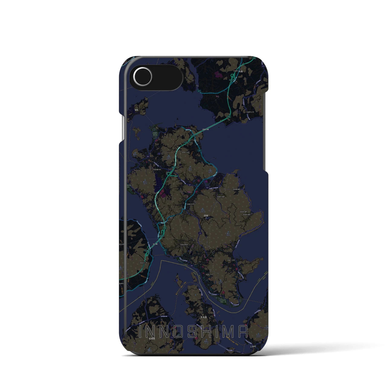 【因島】地図柄iPhoneケース（バックカバータイプ・ブラック）iPhone SE（第3 / 第2世代） / 8 / 7 / 6s / 6 用