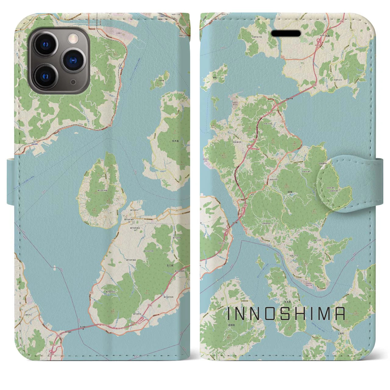 【因島】地図柄iPhoneケース（手帳両面タイプ・ナチュラル）iPhone 11 Pro Max 用