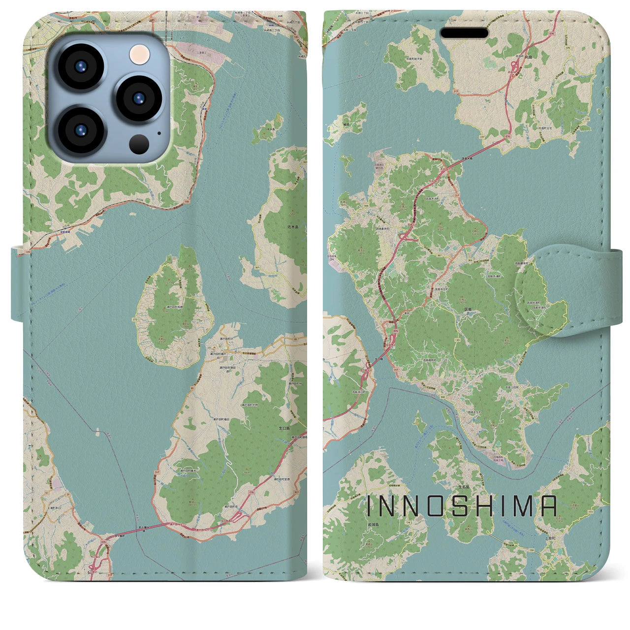 【因島】地図柄iPhoneケース（手帳両面タイプ・ナチュラル）iPhone 13 Pro Max 用