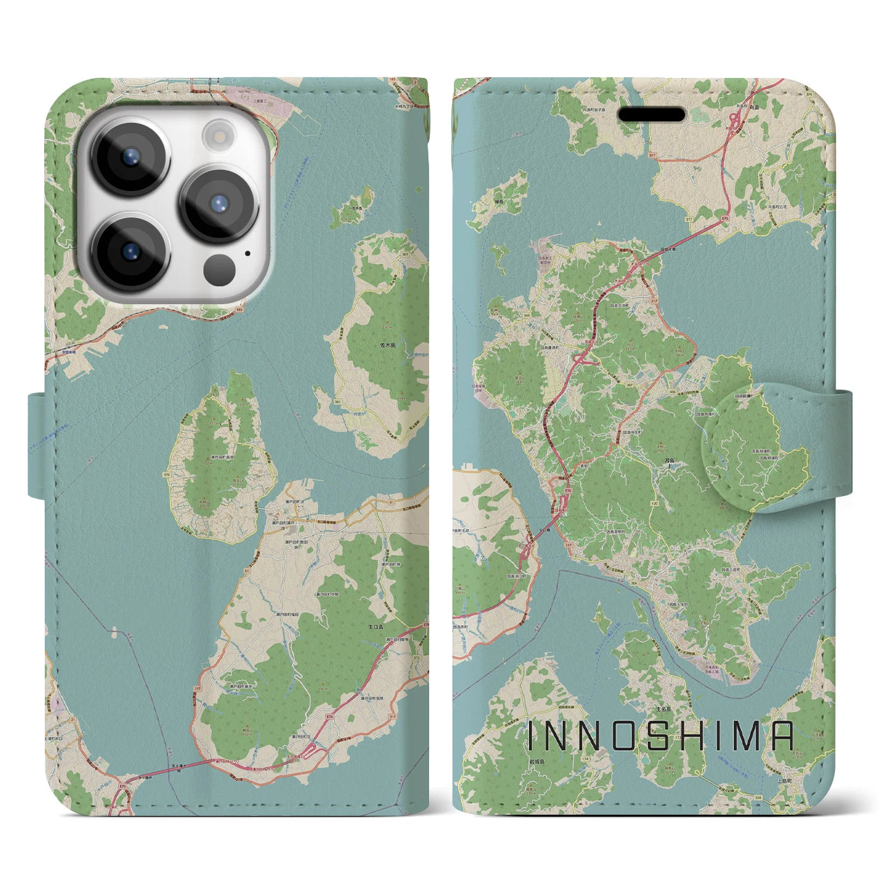 【因島】地図柄iPhoneケース（手帳両面タイプ・ナチュラル）iPhone 14 Pro 用