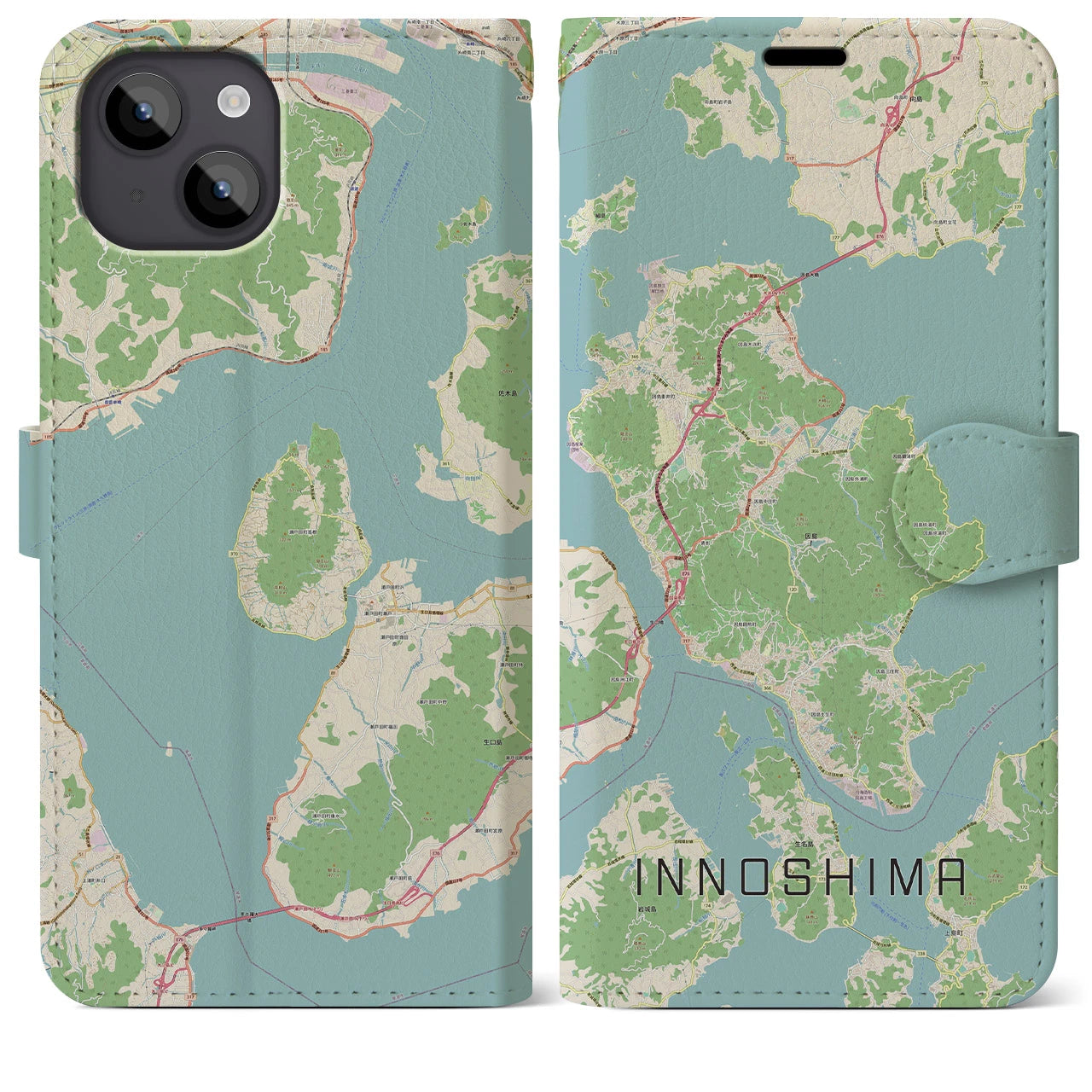 【因島】地図柄iPhoneケース（手帳両面タイプ・ナチュラル）iPhone 14 Plus 用
