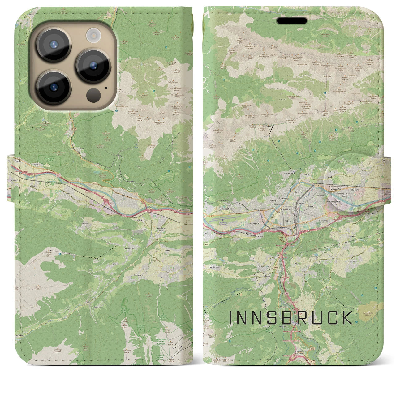【インスブルック】地図柄iPhoneケース（手帳両面タイプ・ナチュラル）iPhone 14 Pro Max 用
