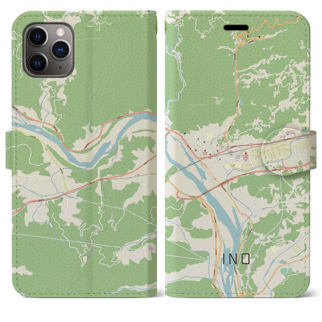 【伊野】地図柄iPhoneケース（手帳両面タイプ・ナチュラル）iPhone 11 Pro Max 用