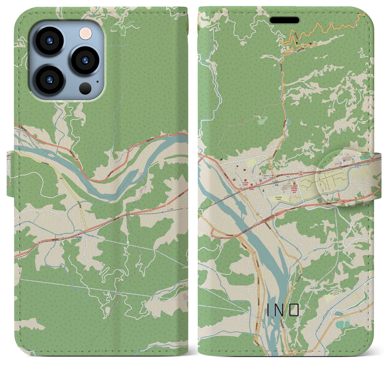 【伊野】地図柄iPhoneケース（手帳両面タイプ・ナチュラル）iPhone 13 Pro Max 用