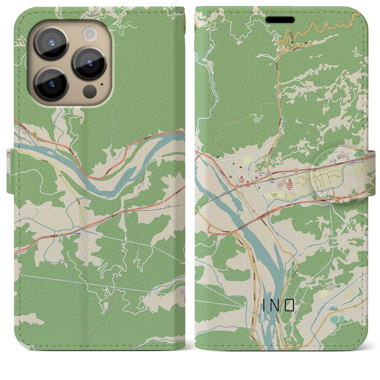 【伊野】地図柄iPhoneケース（手帳両面タイプ・ナチュラル）iPhone 14 Pro Max 用