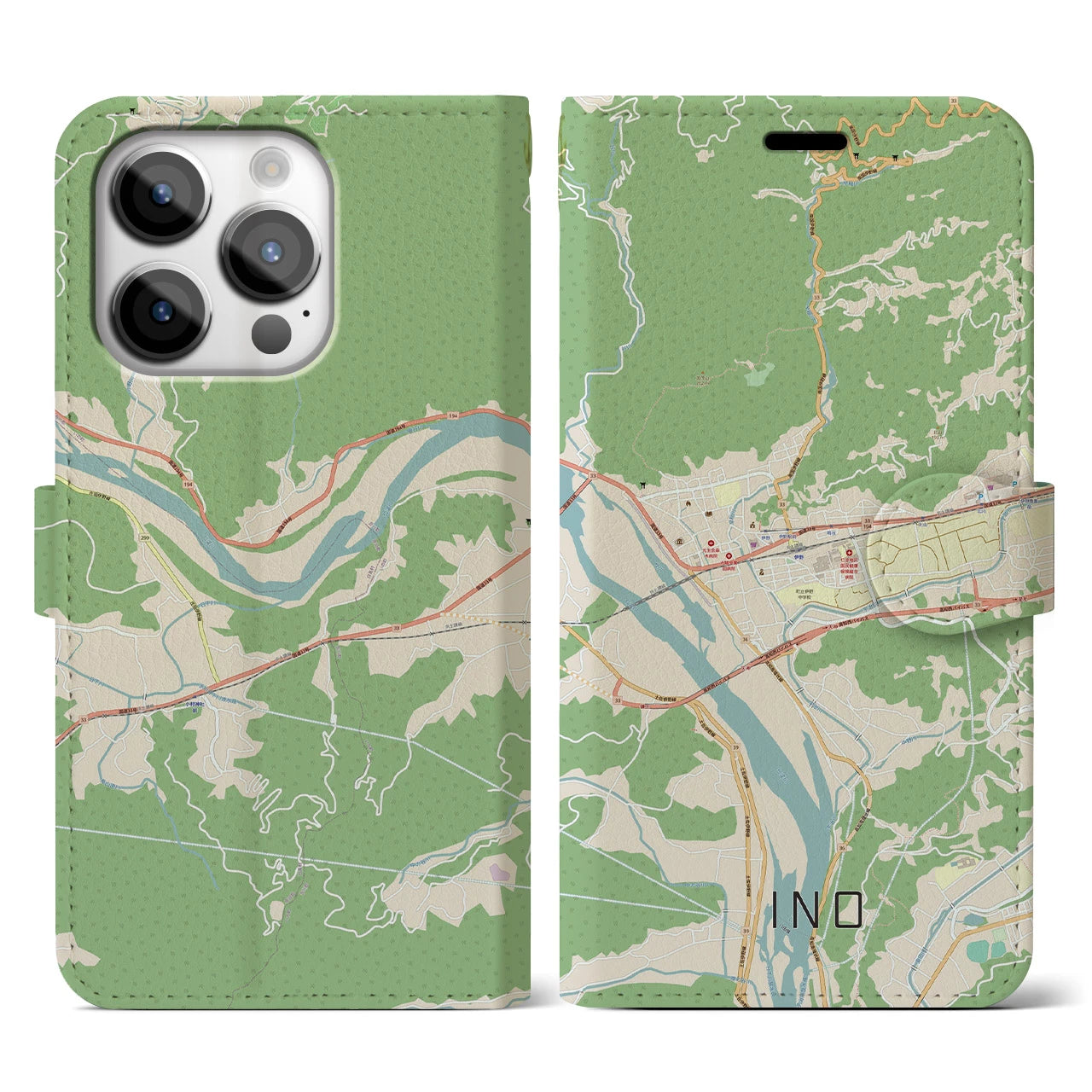 【伊野】地図柄iPhoneケース（手帳両面タイプ・ナチュラル）iPhone 14 Pro 用