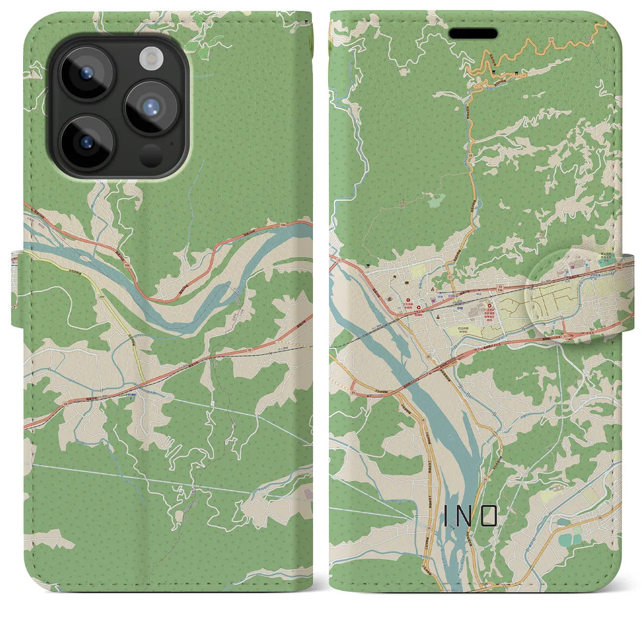 【伊野】地図柄iPhoneケース（手帳両面タイプ・ナチュラル）iPhone 15 Pro Max 用