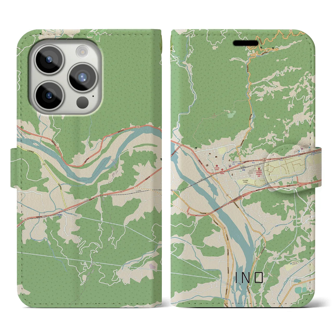 【伊野】地図柄iPhoneケース（手帳両面タイプ・ナチュラル）iPhone 15 Pro 用