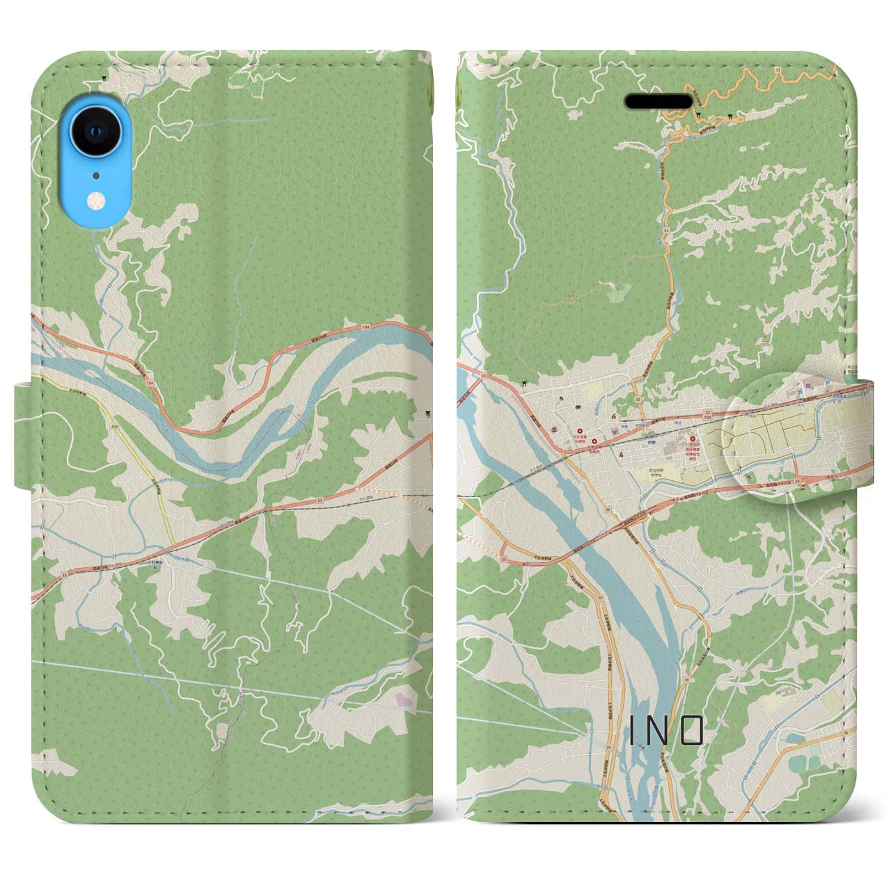 【伊野】地図柄iPhoneケース（手帳両面タイプ・ナチュラル）iPhone XR 用