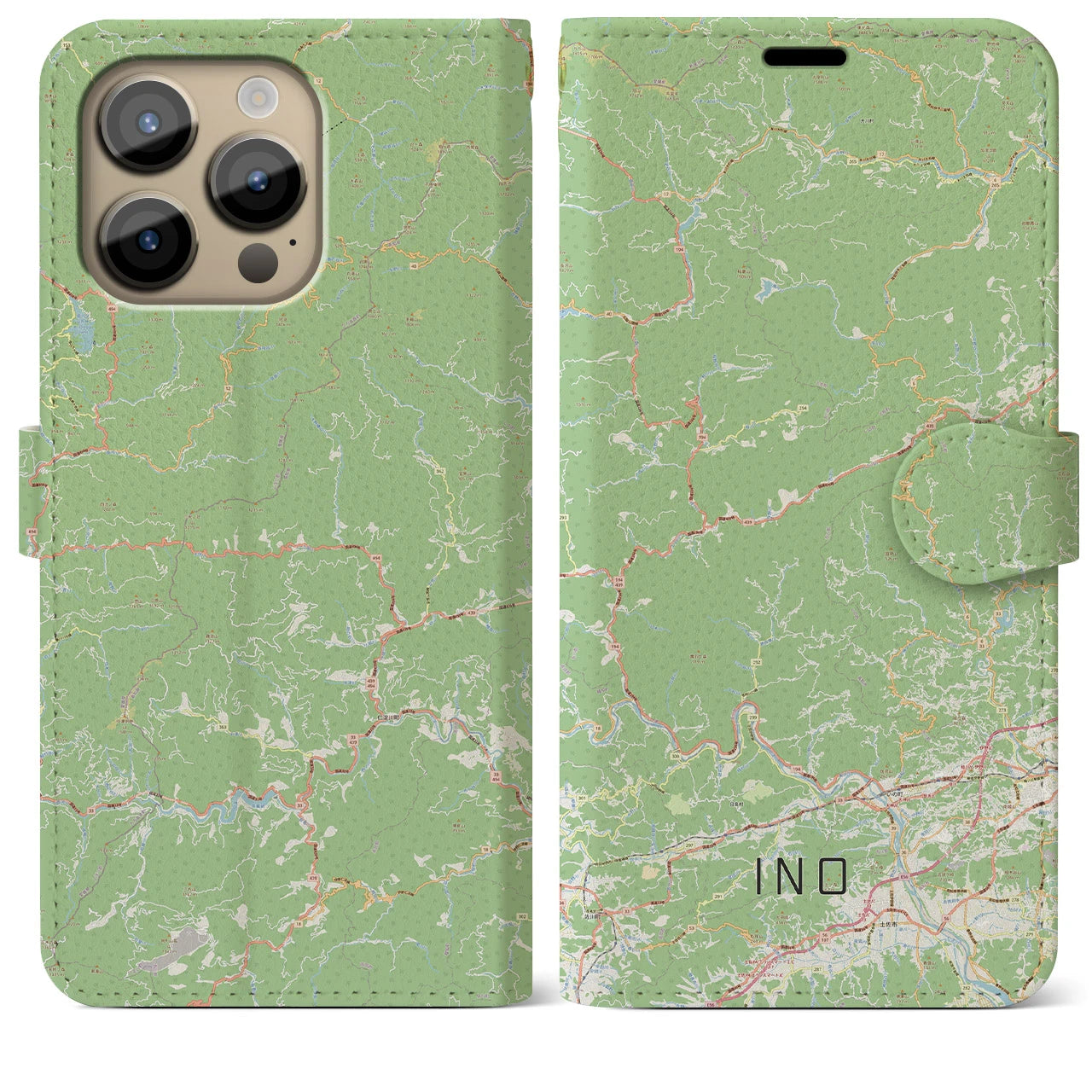 【いの】地図柄iPhoneケース（手帳両面タイプ・ナチュラル）iPhone 14 Pro Max 用