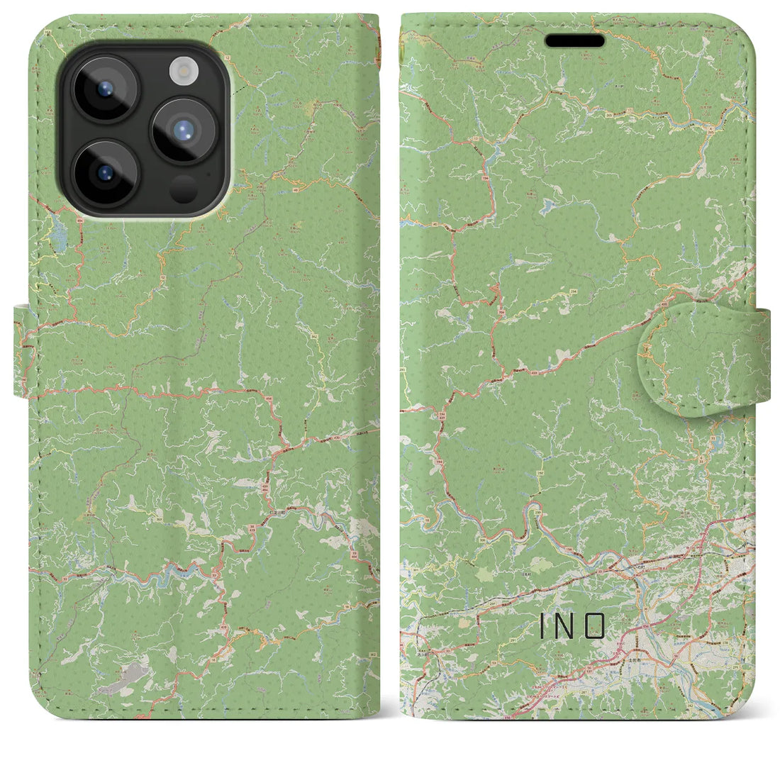 【いの】地図柄iPhoneケース（手帳両面タイプ・ナチュラル）iPhone 15 Pro Max 用