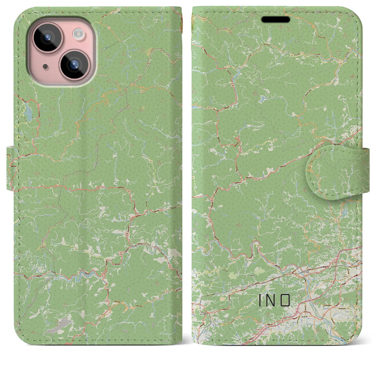 【いの】地図柄iPhoneケース（手帳両面タイプ・ナチュラル）iPhone 15 Plus 用