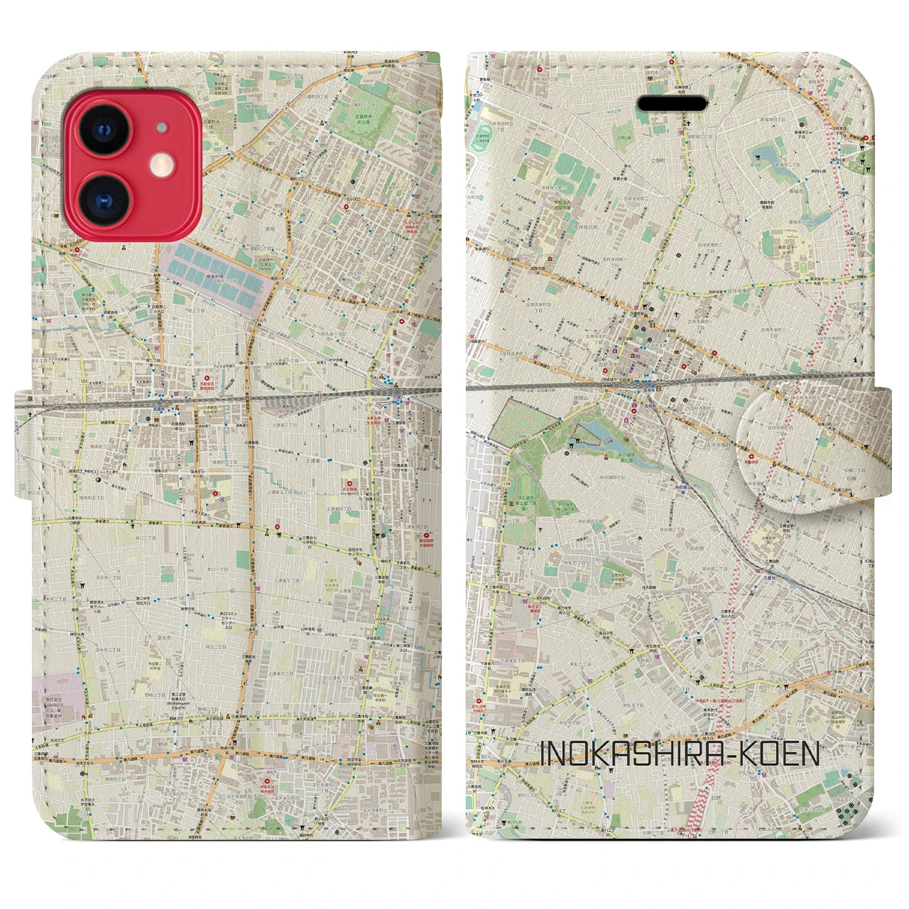 【井の頭公園】地図柄iPhoneケース（手帳両面タイプ・ナチュラル）iPhone 11 用