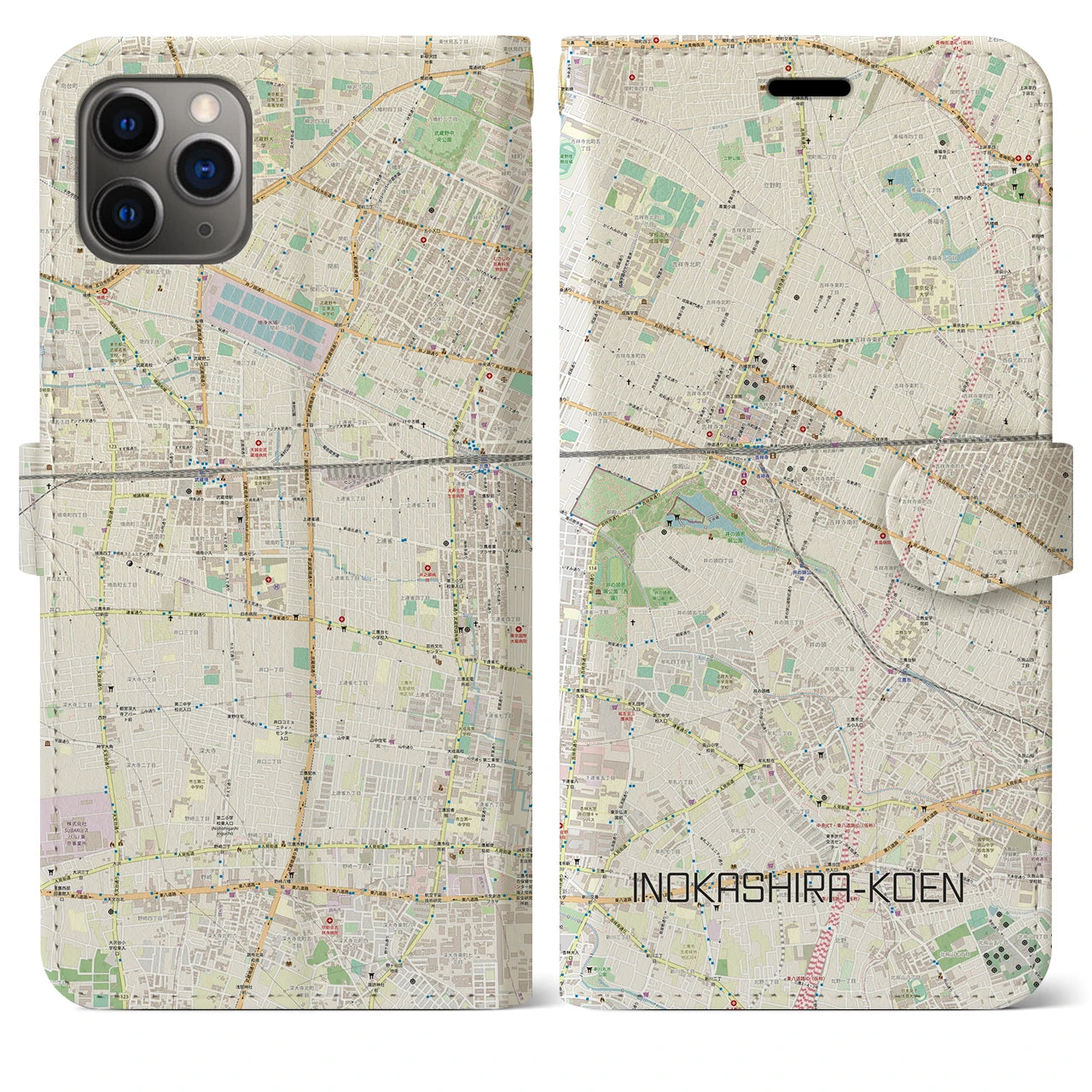 【井の頭公園】地図柄iPhoneケース（手帳両面タイプ・ナチュラル）iPhone 11 Pro Max 用