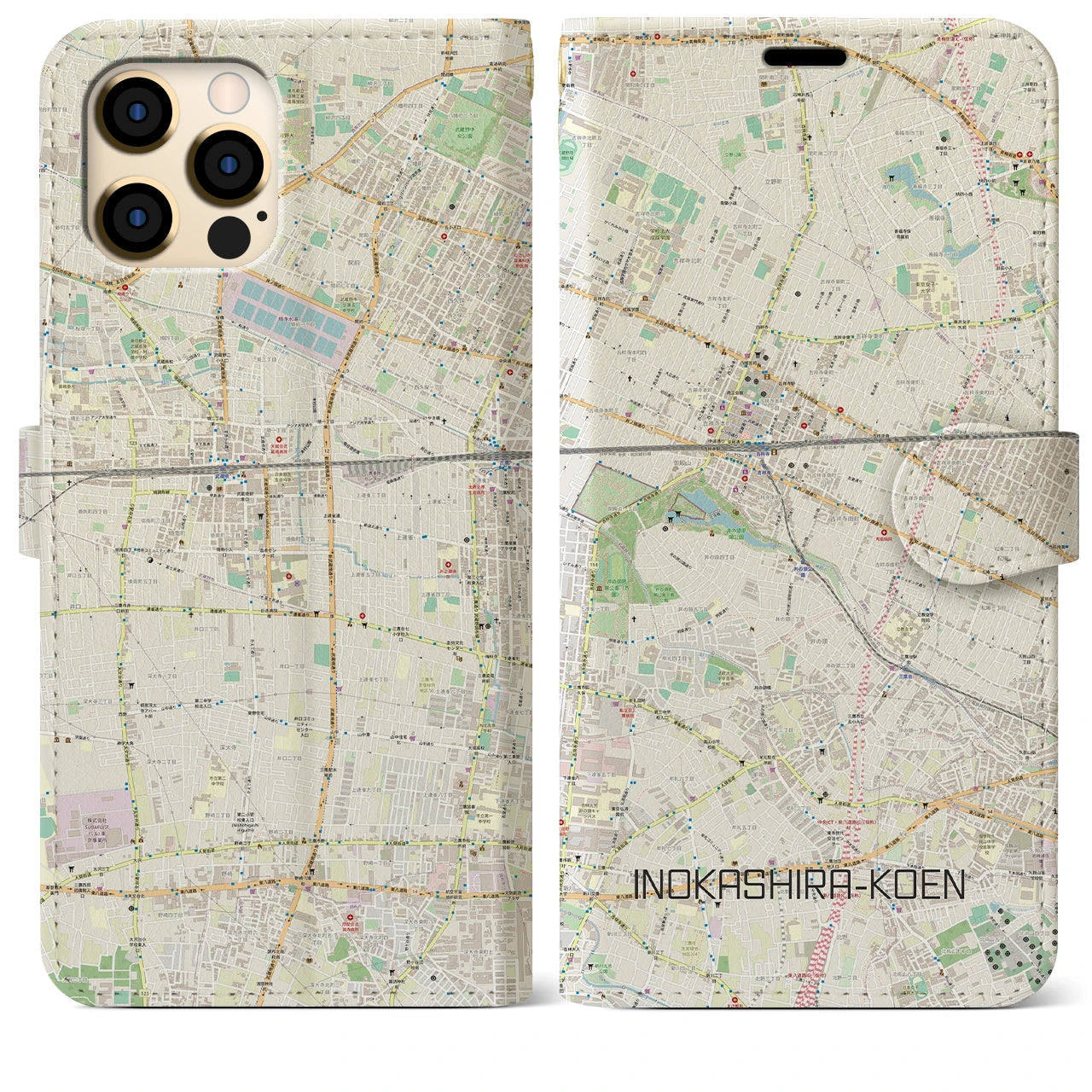 【井の頭公園】地図柄iPhoneケース（手帳両面タイプ・ナチュラル）iPhone 12 Pro Max 用
