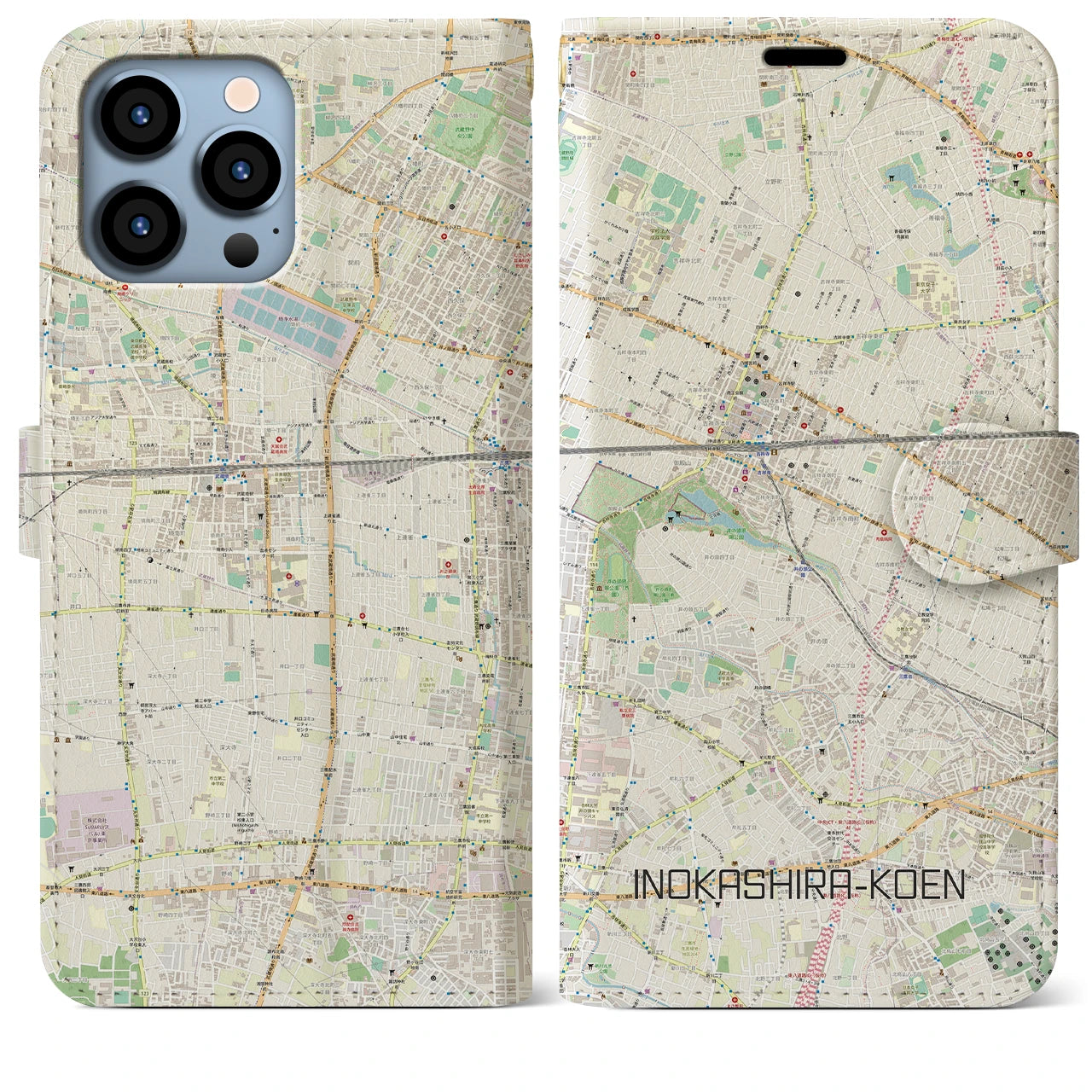 【井の頭公園】地図柄iPhoneケース（手帳両面タイプ・ナチュラル）iPhone 13 Pro Max 用