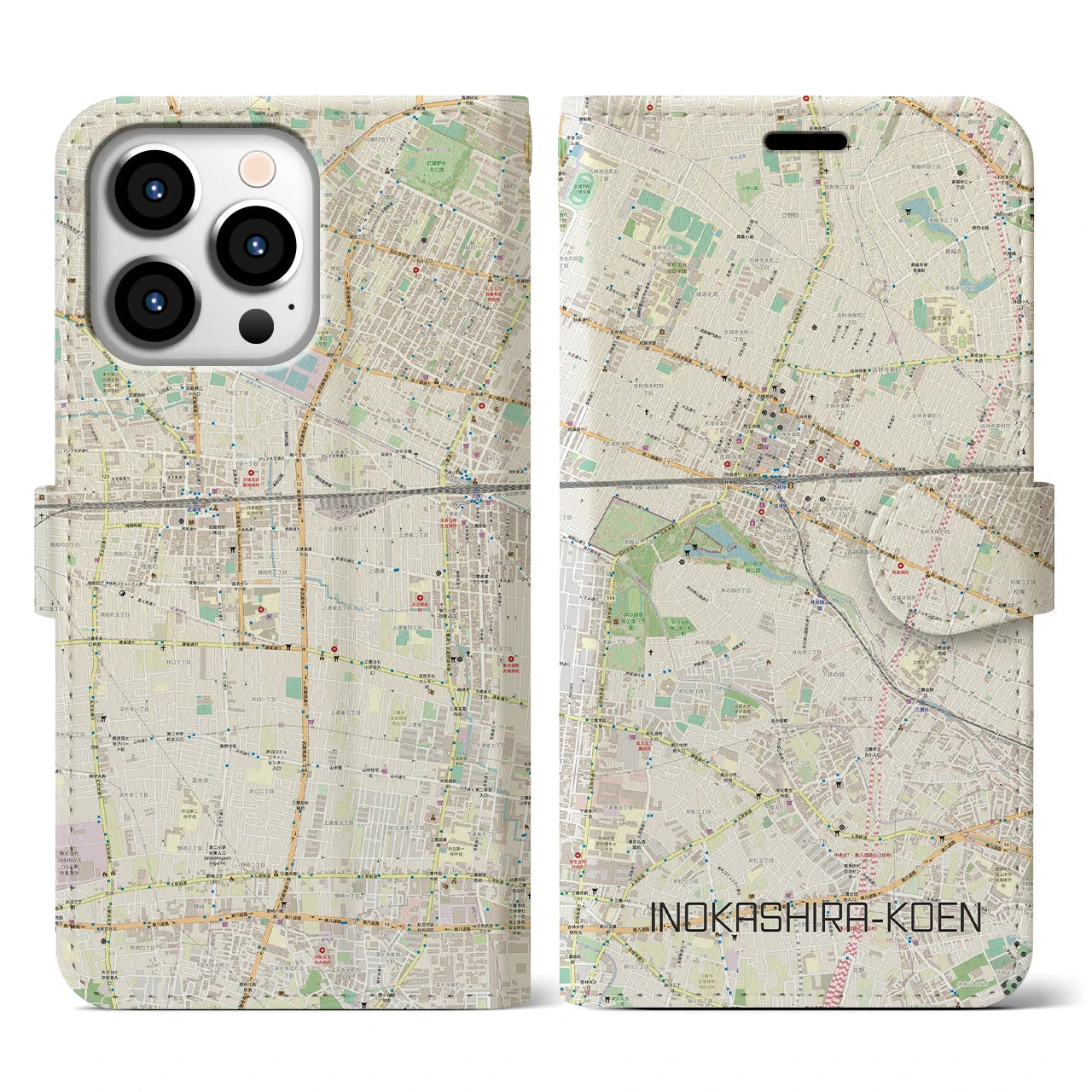 【井の頭公園】地図柄iPhoneケース（手帳両面タイプ・ナチュラル）iPhone 13 Pro 用