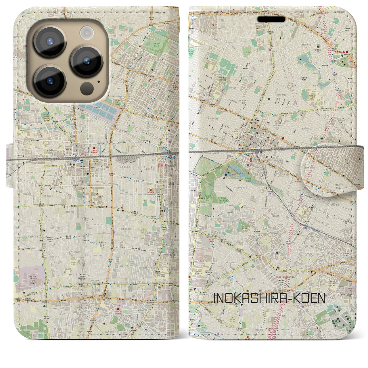 【井の頭公園】地図柄iPhoneケース（手帳両面タイプ・ナチュラル）iPhone 14 Pro Max 用