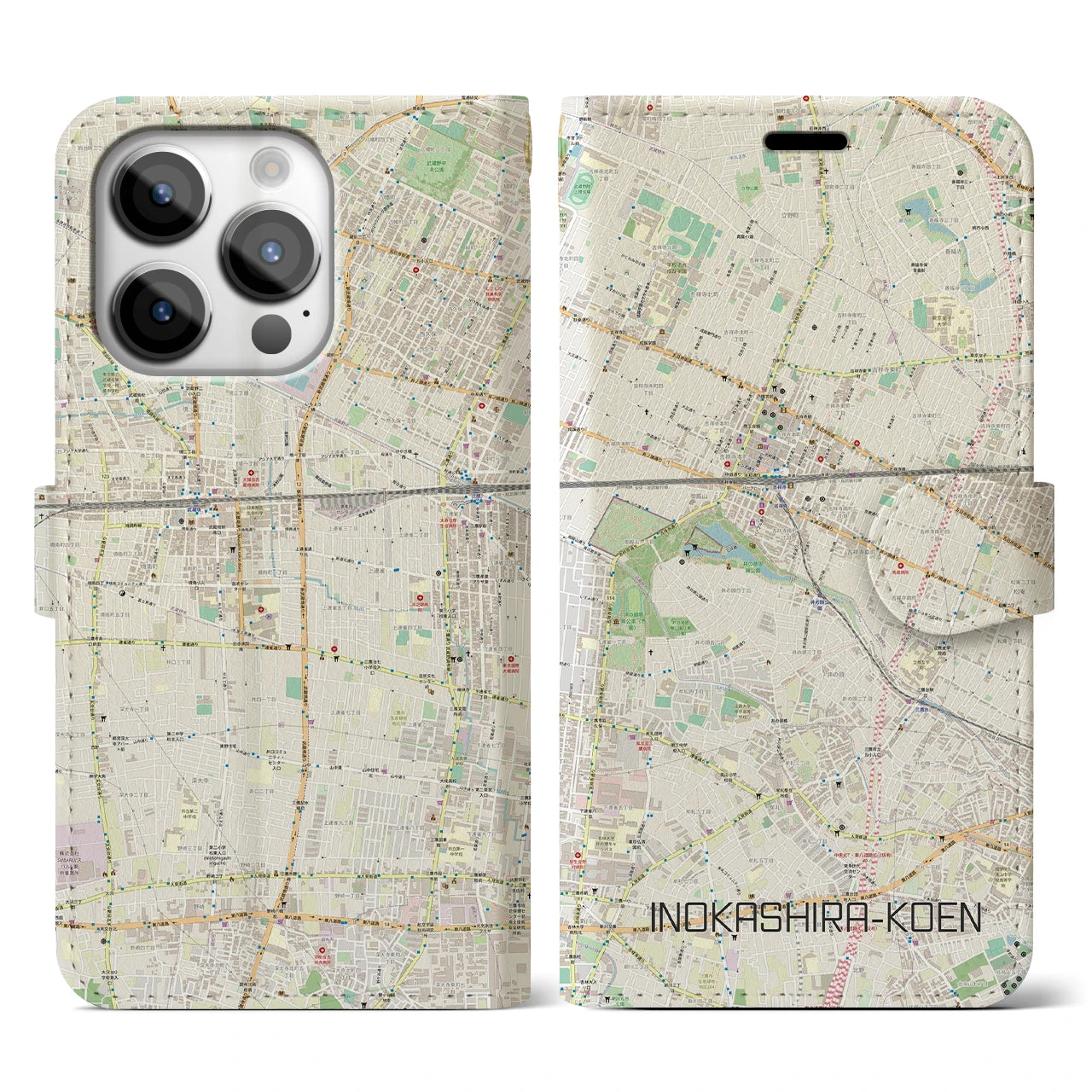 【井の頭公園】地図柄iPhoneケース（手帳両面タイプ・ナチュラル）iPhone 14 Pro 用