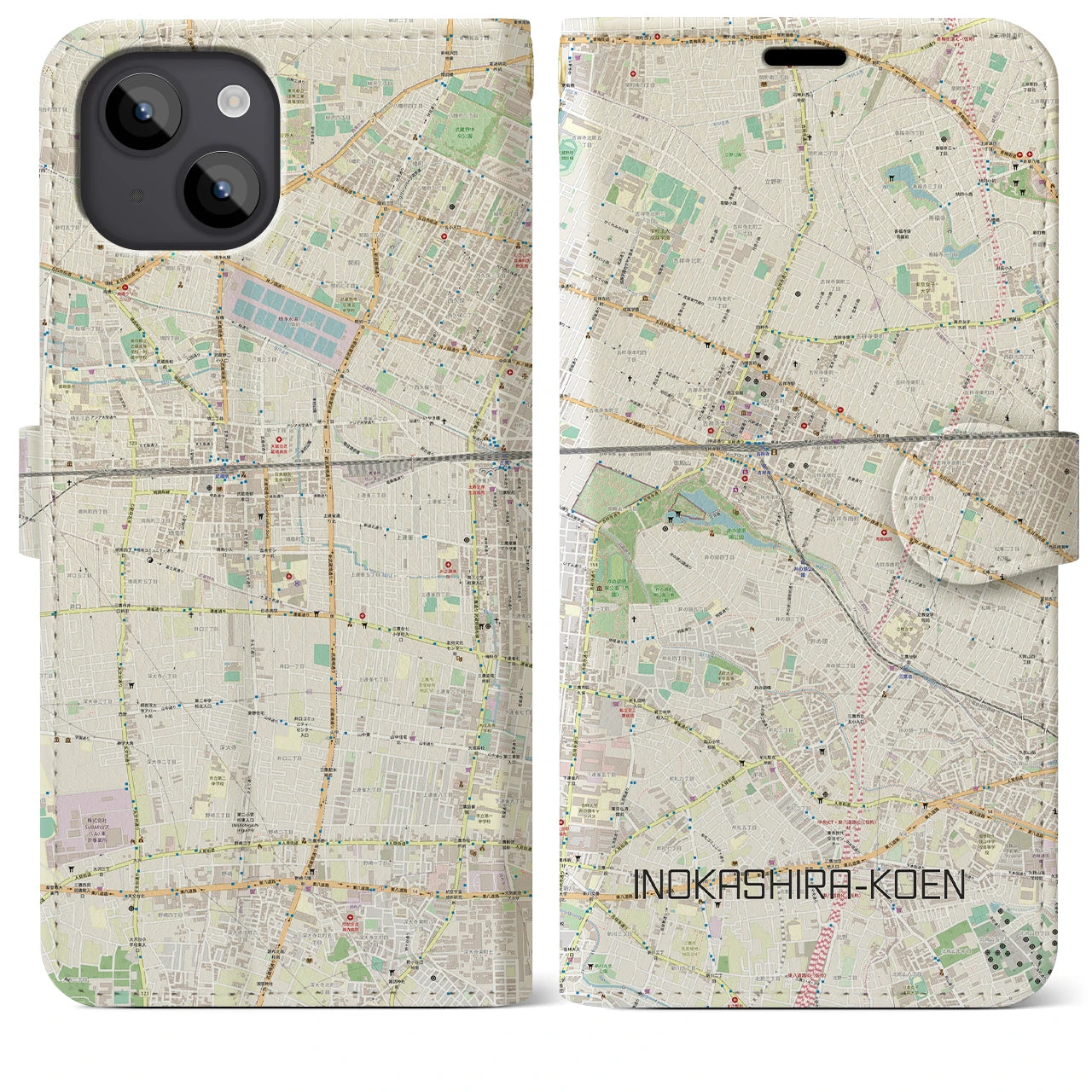 【井の頭公園】地図柄iPhoneケース（手帳両面タイプ・ナチュラル）iPhone 14 Plus 用