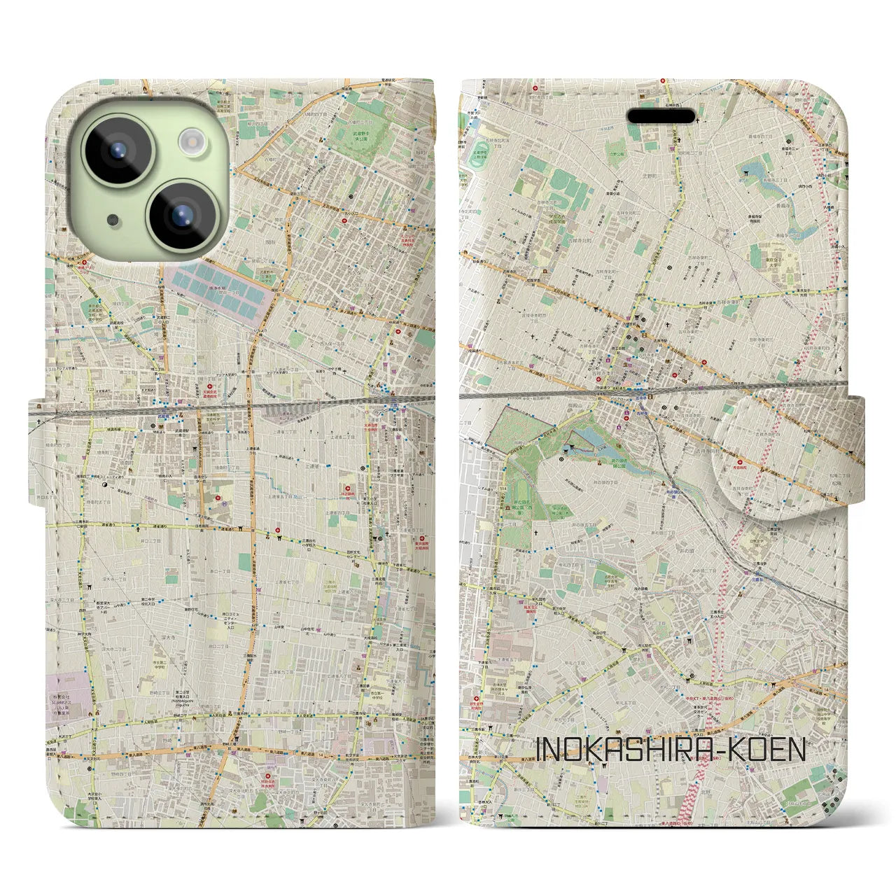 【井の頭公園】地図柄iPhoneケース（手帳両面タイプ・ナチュラル）iPhone 15 用