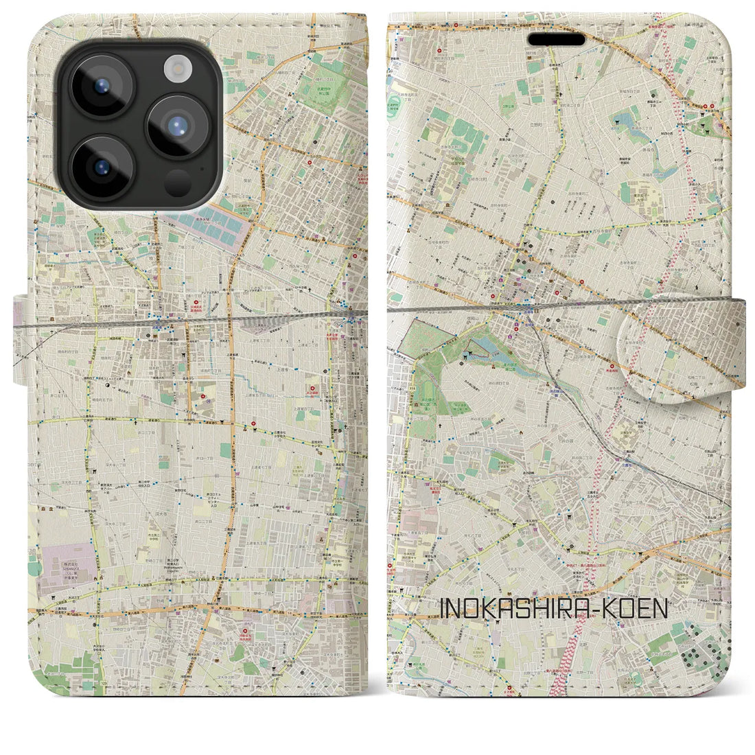 【井の頭公園】地図柄iPhoneケース（手帳両面タイプ・ナチュラル）iPhone 15 Pro Max 用