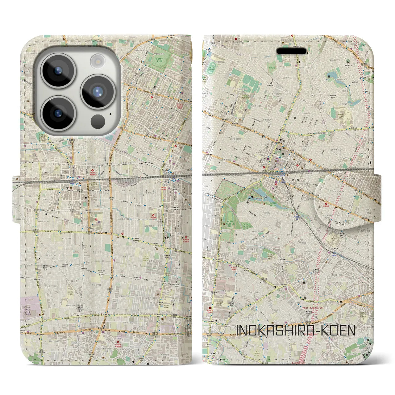 【井の頭公園】地図柄iPhoneケース（手帳両面タイプ・ナチュラル）iPhone 15 Pro 用