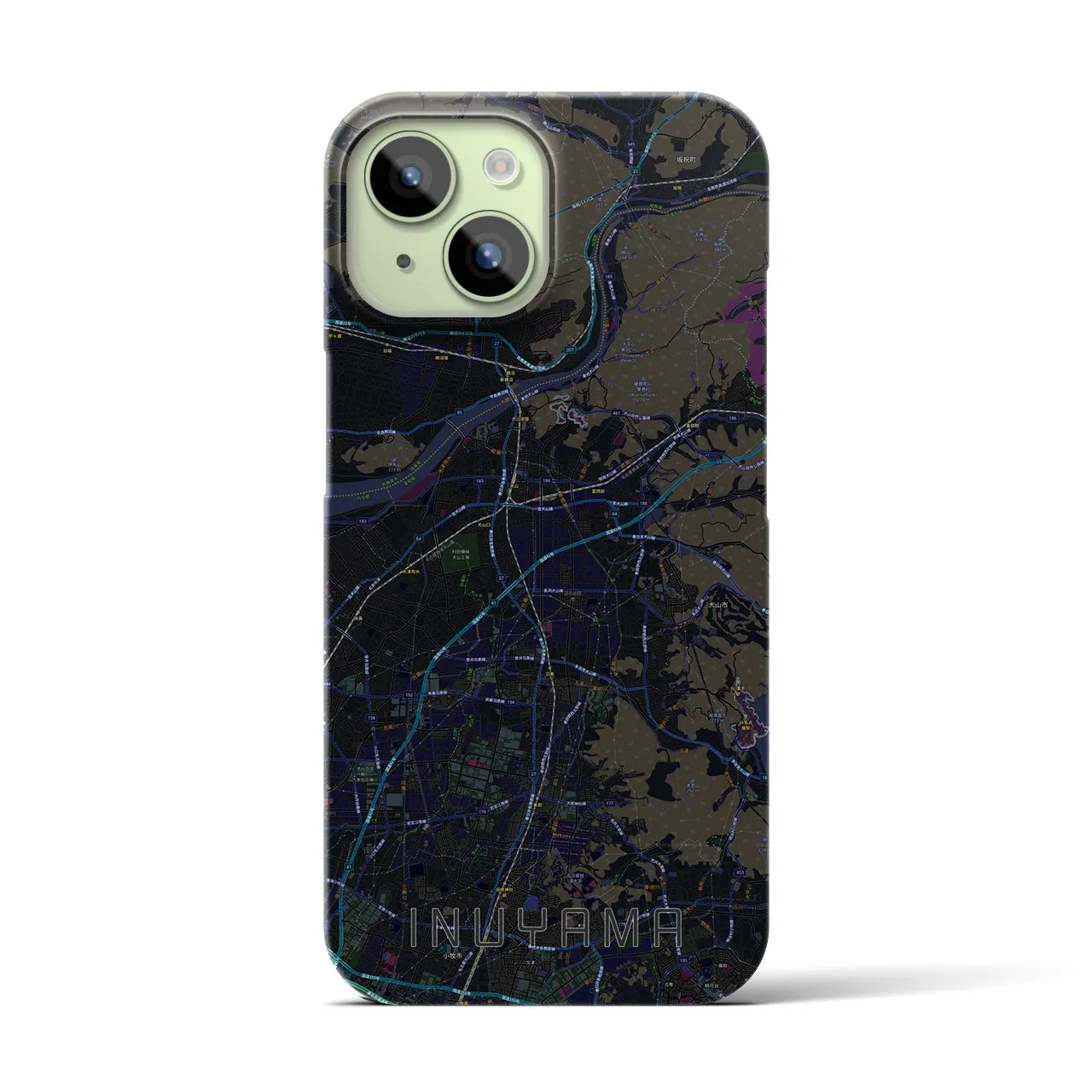 【犬山】地図柄iPhoneケース（バックカバータイプ・ブラック）iPhone 15 用