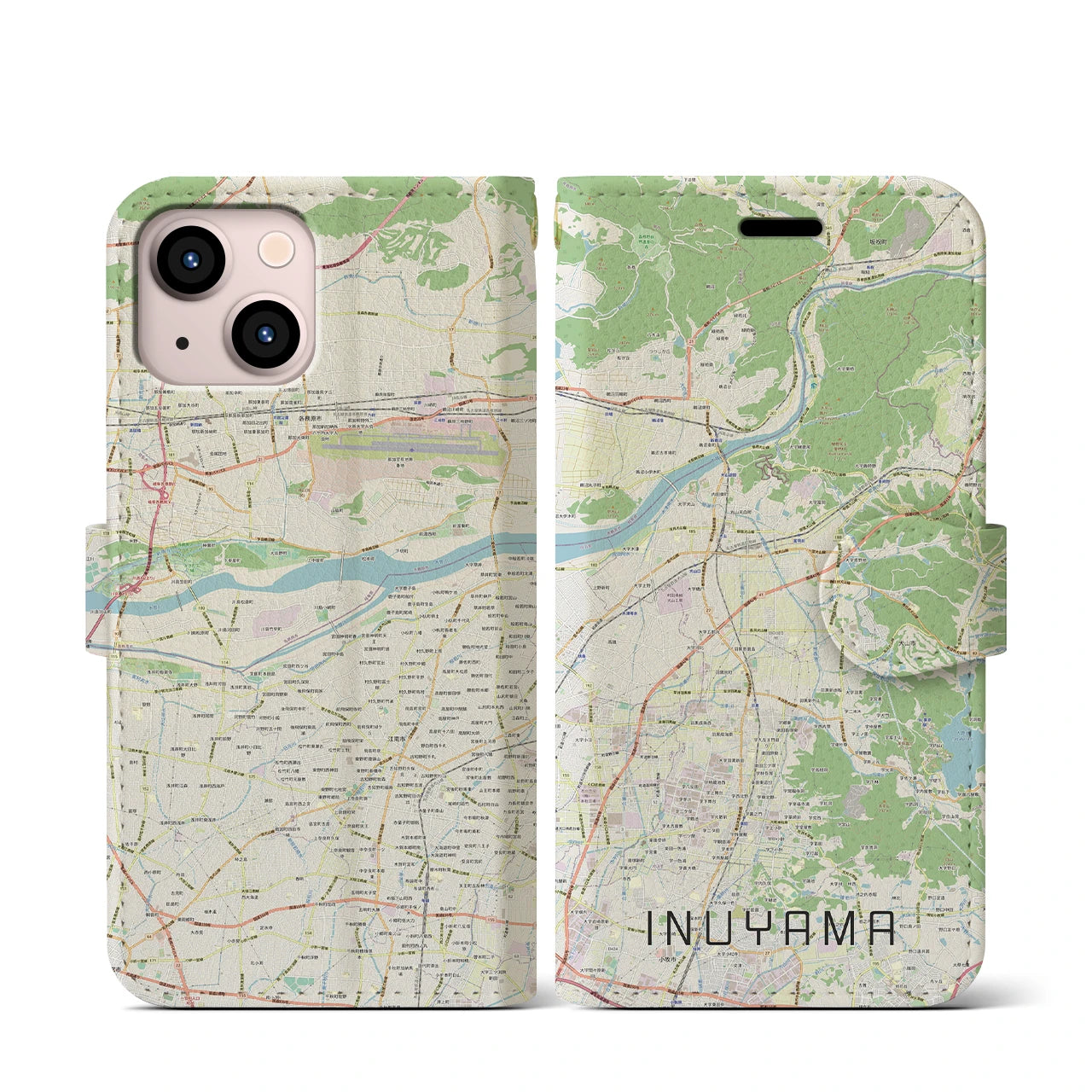 【犬山】地図柄iPhoneケース（手帳両面タイプ・ナチュラル）iPhone 13 mini 用
